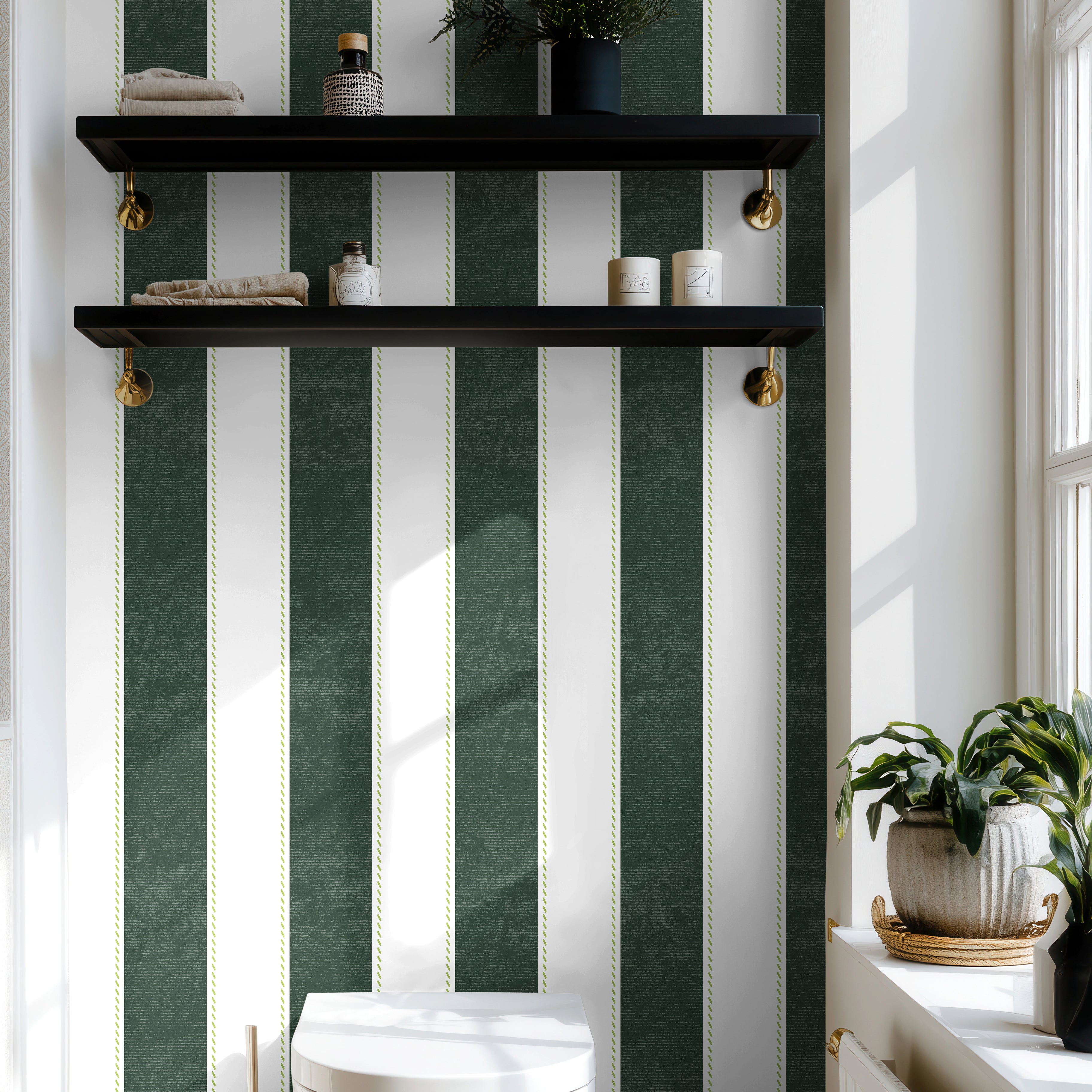 green vertical stripe wallpaper in modern classic bathroom with shelving