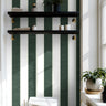 green vertical stripe wallpaper in modern classic bathroom with shelving