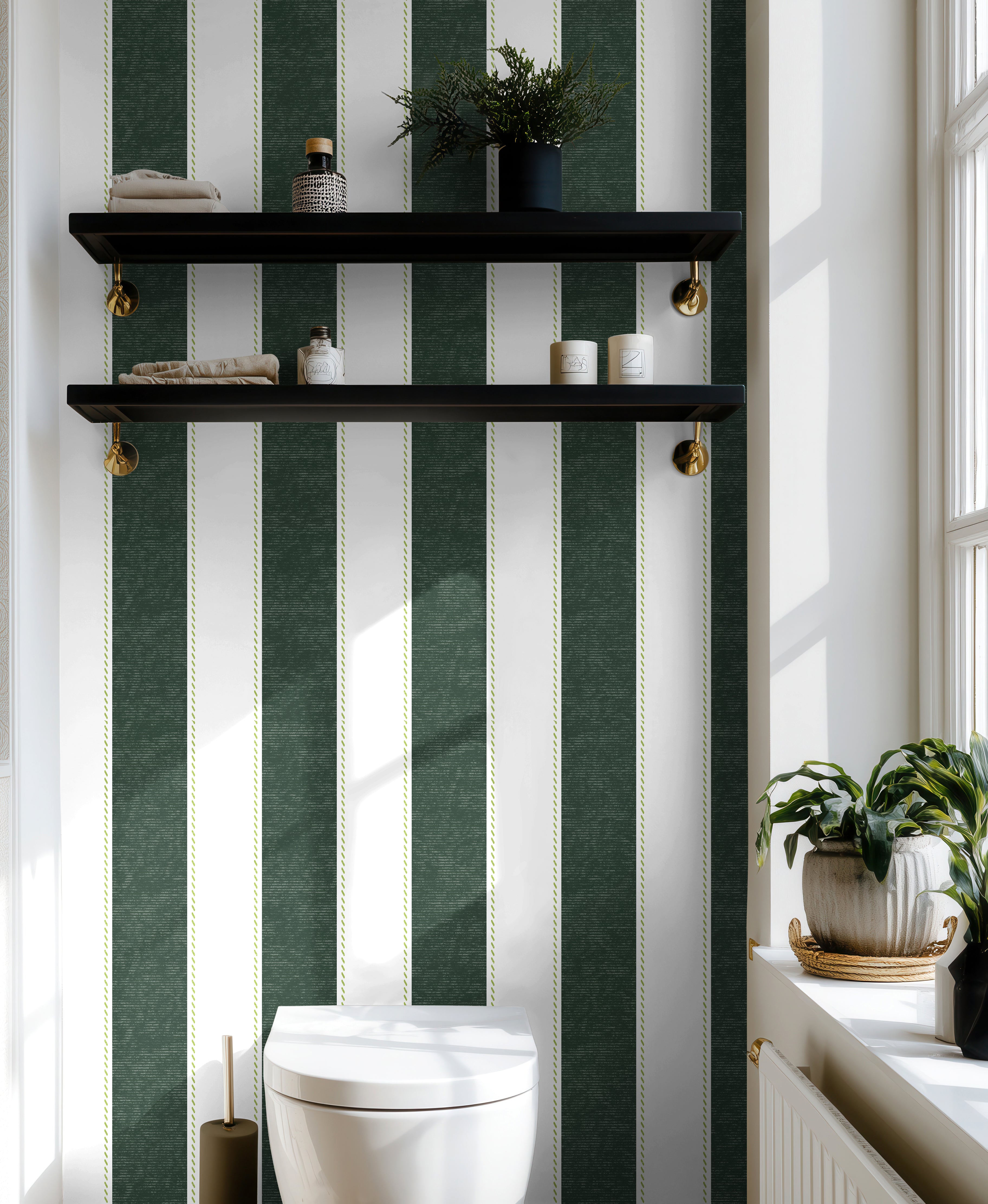 green vertical stripe wallpaper in modern classic bathroom with shelving