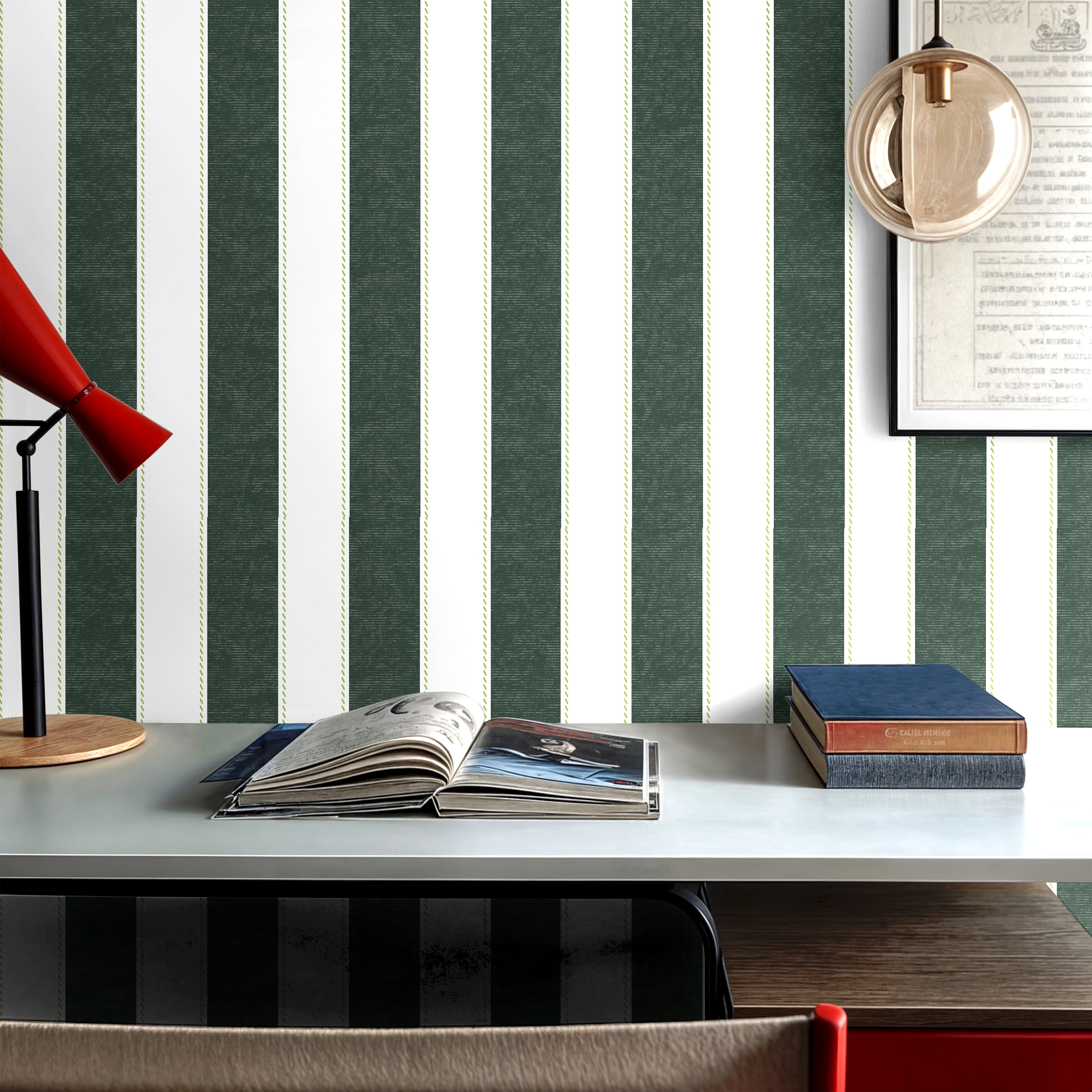 green vertical stripe wallpaper in office with desk and lighting