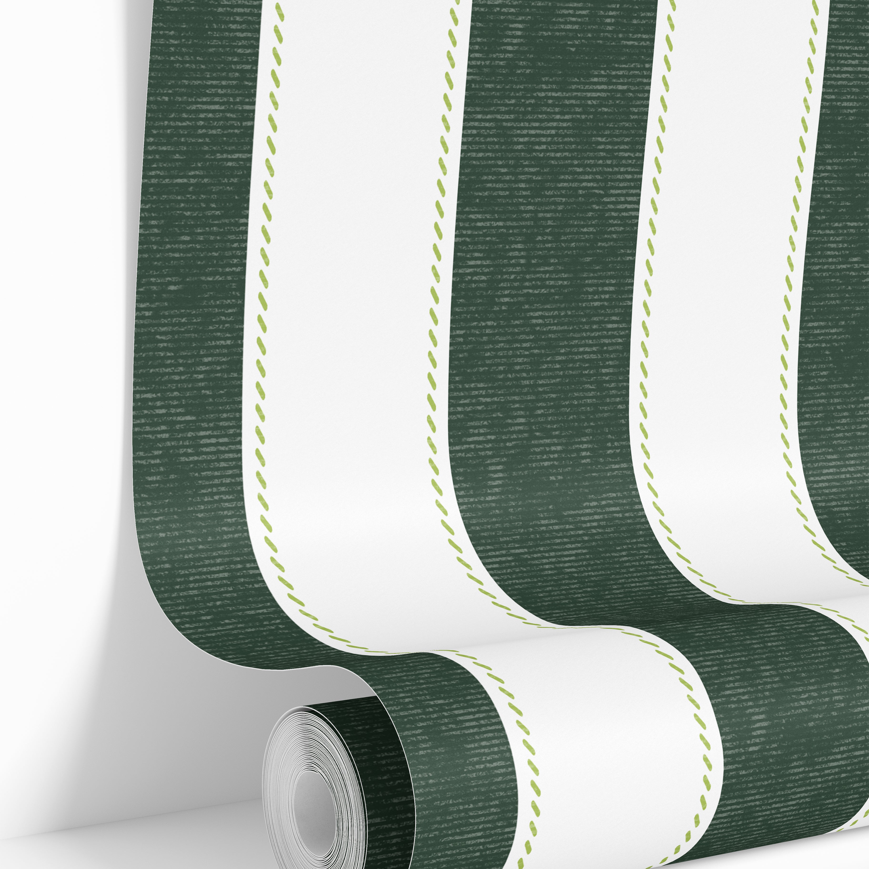 wallpaper roll showing green vertical stripe pattern with stitched detail
