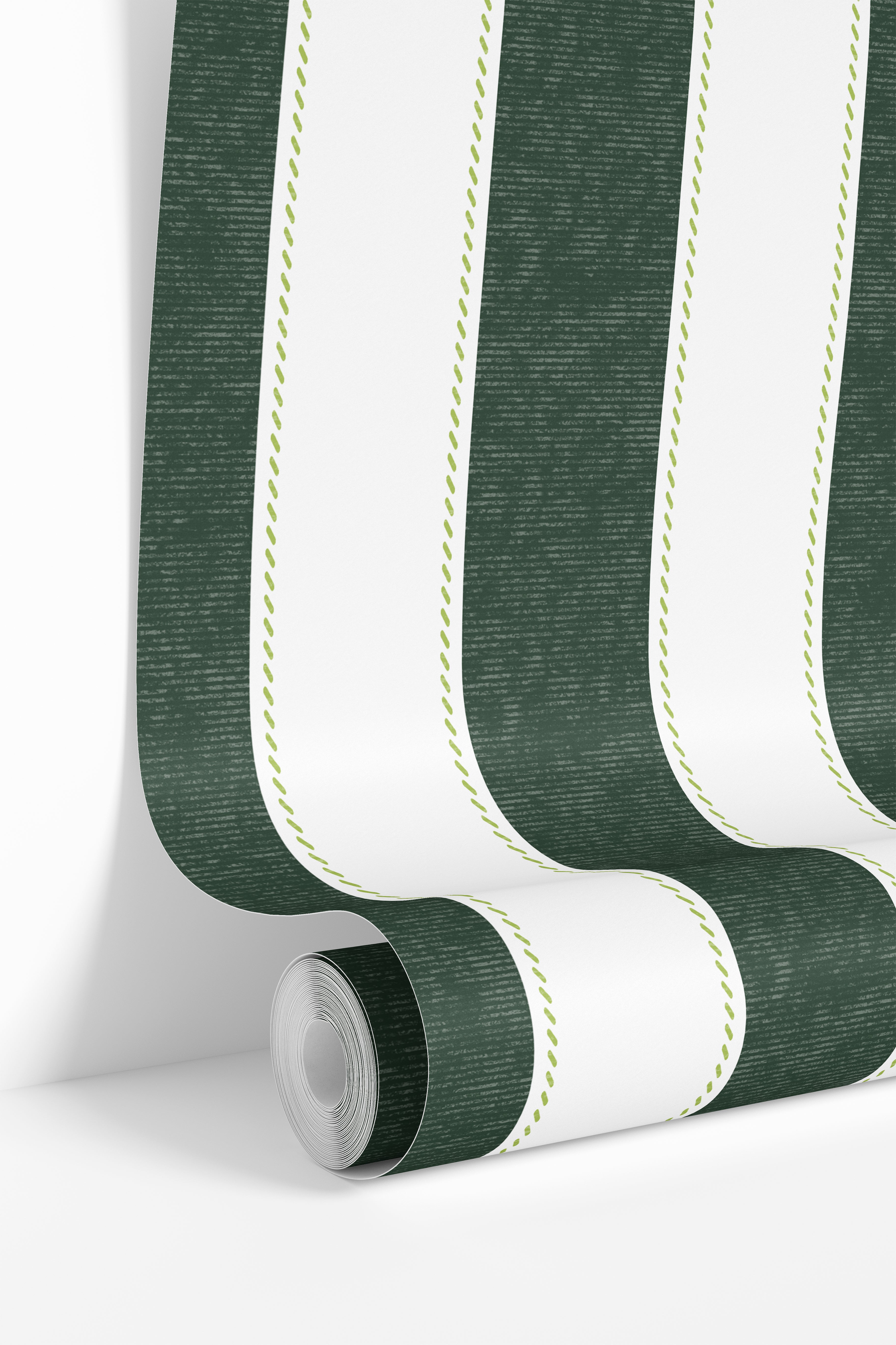 wallpaper roll showing green vertical stripe pattern with stitched detail
