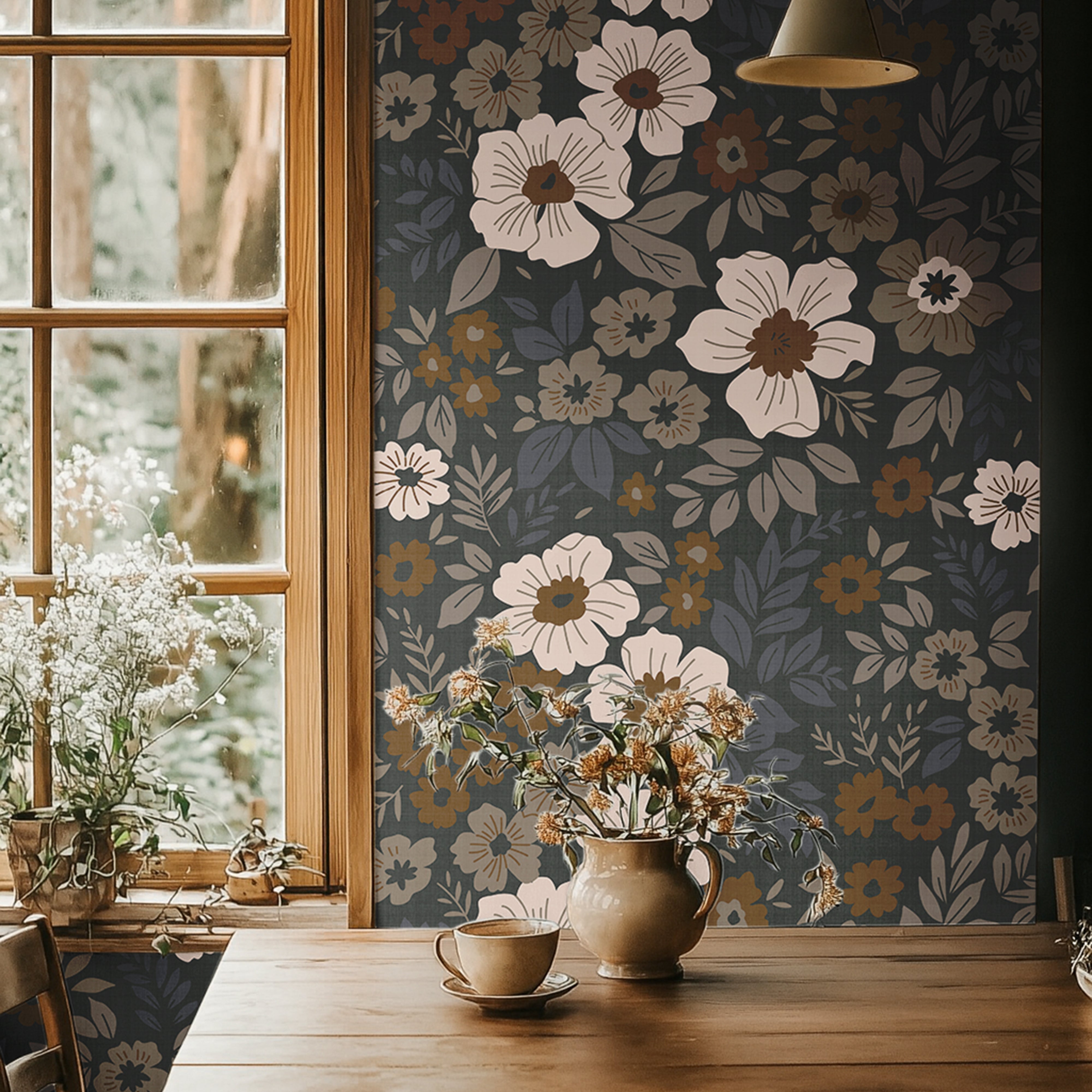 dark cream and amber floral wallpaper behind a wooden dining table with floral arrangements