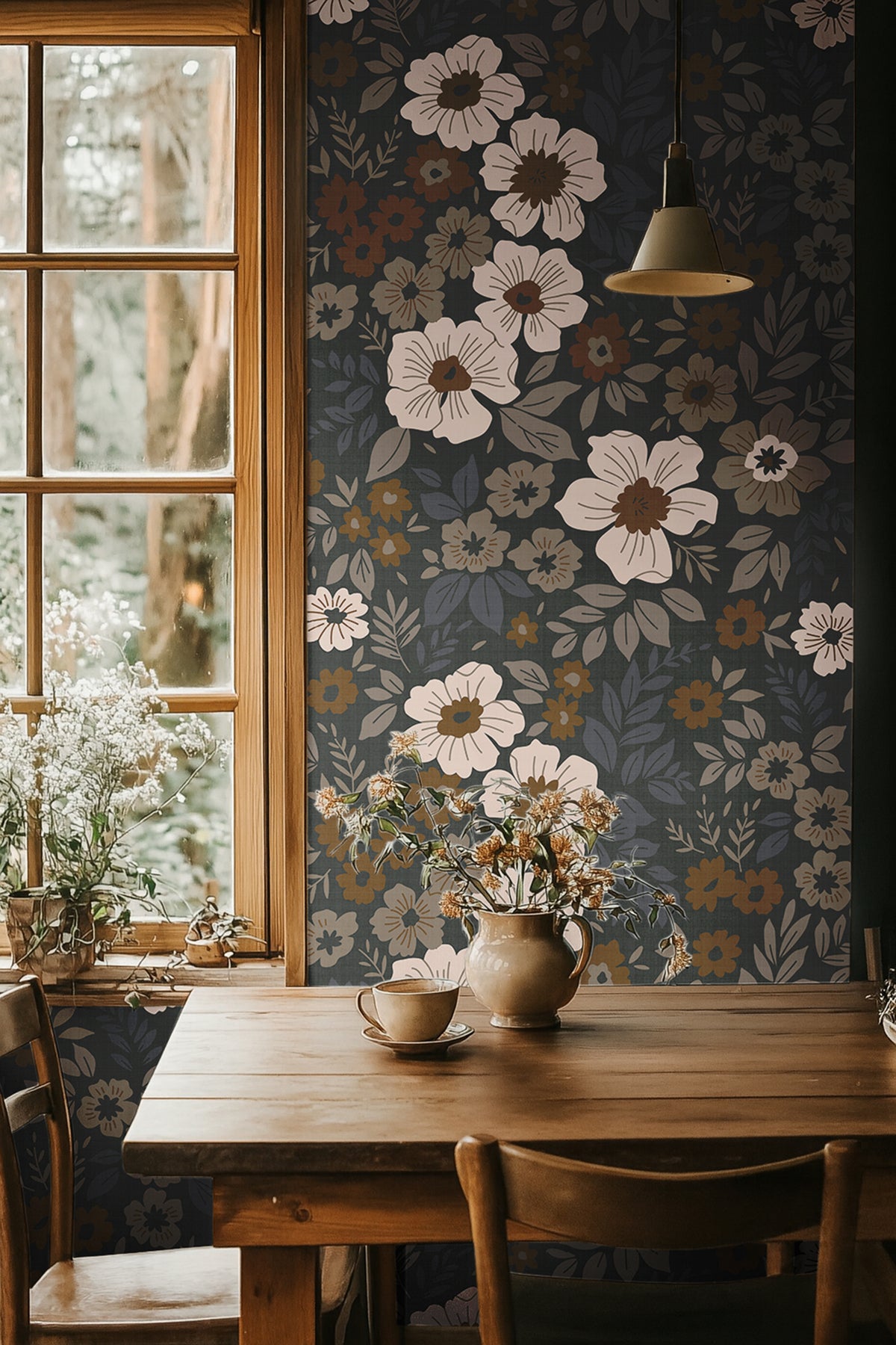 dark cream and amber floral wallpaper behind a wooden dining table with floral arrangements