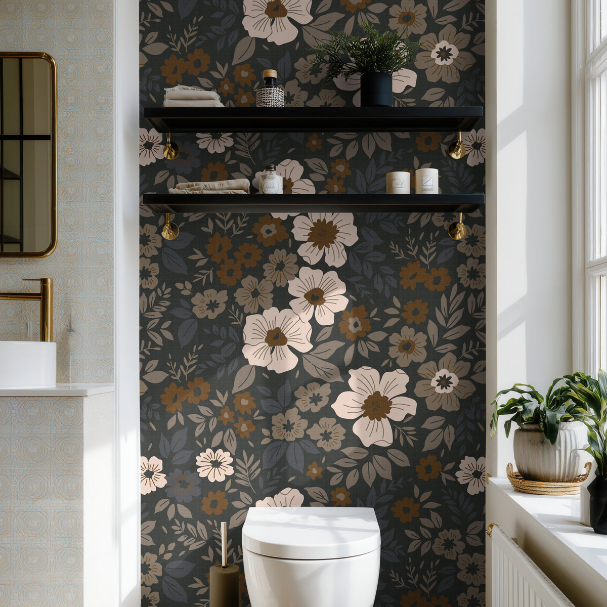 cream and amber flowers with taupe sprigs and slate blue leaves on dark floral wallpaper in modern Bathroom