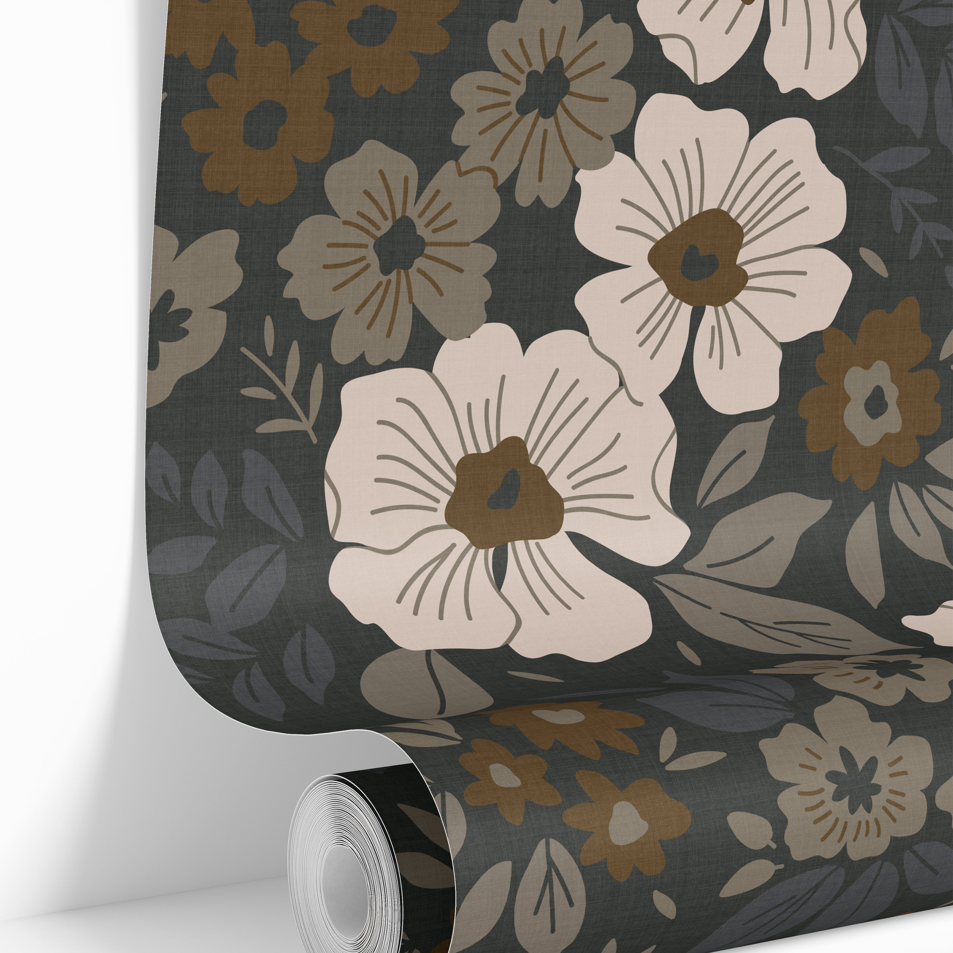 rolled dark floral wallpaper showing cream and amber flowers with slate blue leaves