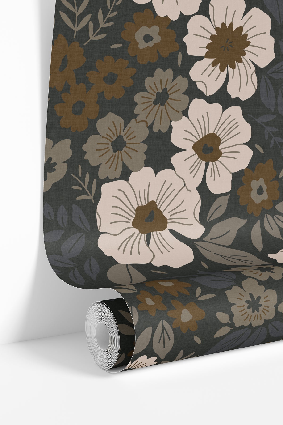 rolled dark floral wallpaper showing cream and amber flowers with slate blue leaves