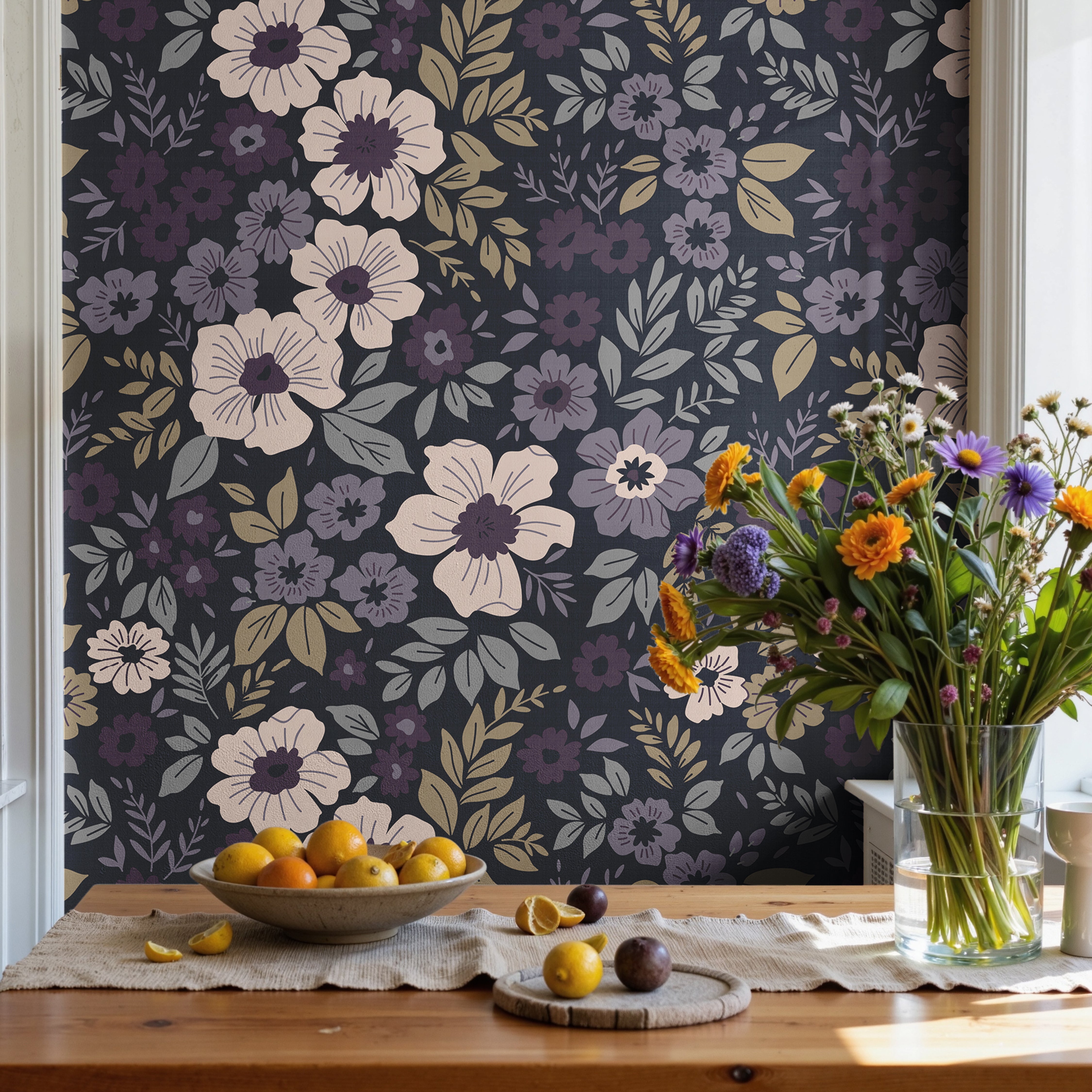  pale blush plum and lilac flowers with gray and ochre leaves on charcoal wallpaper
