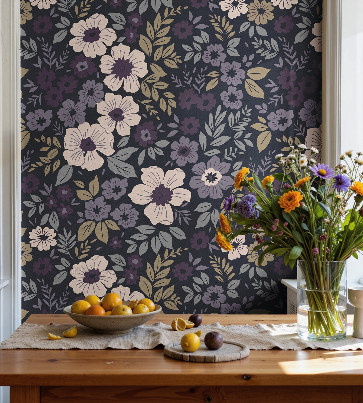  pale blush plum and lilac flowers with gray and ochre leaves on charcoal wallpaper