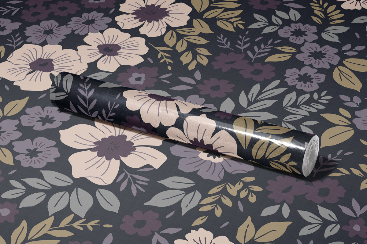 rolled plum floral wallpaper with blush flowers and gray leaves on charcoal with rolled out pattern underneath roll