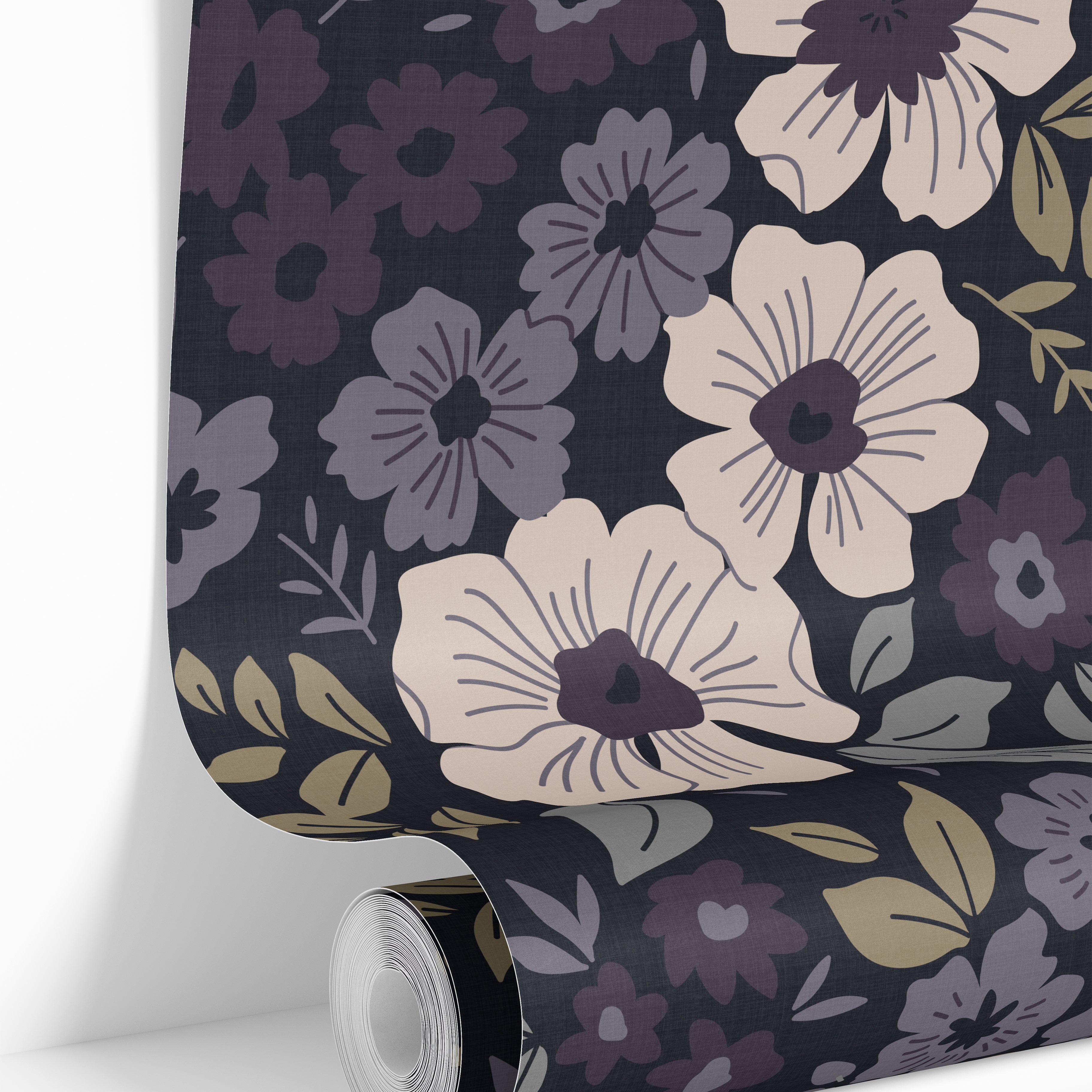 rolled plum floral wallpaper with blush flowers and gray leaves on charcoal