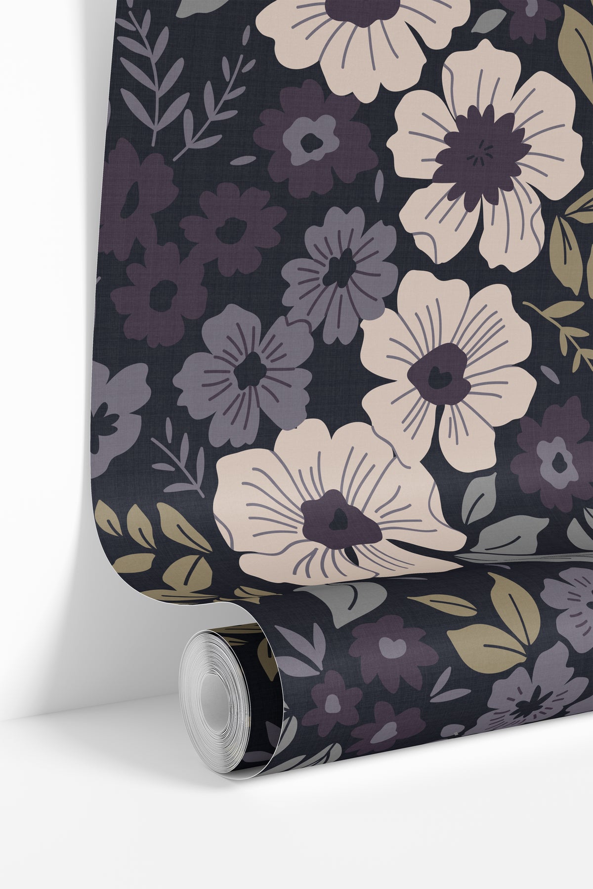 rolled plum floral wallpaper with blush flowers and gray leaves on charcoal