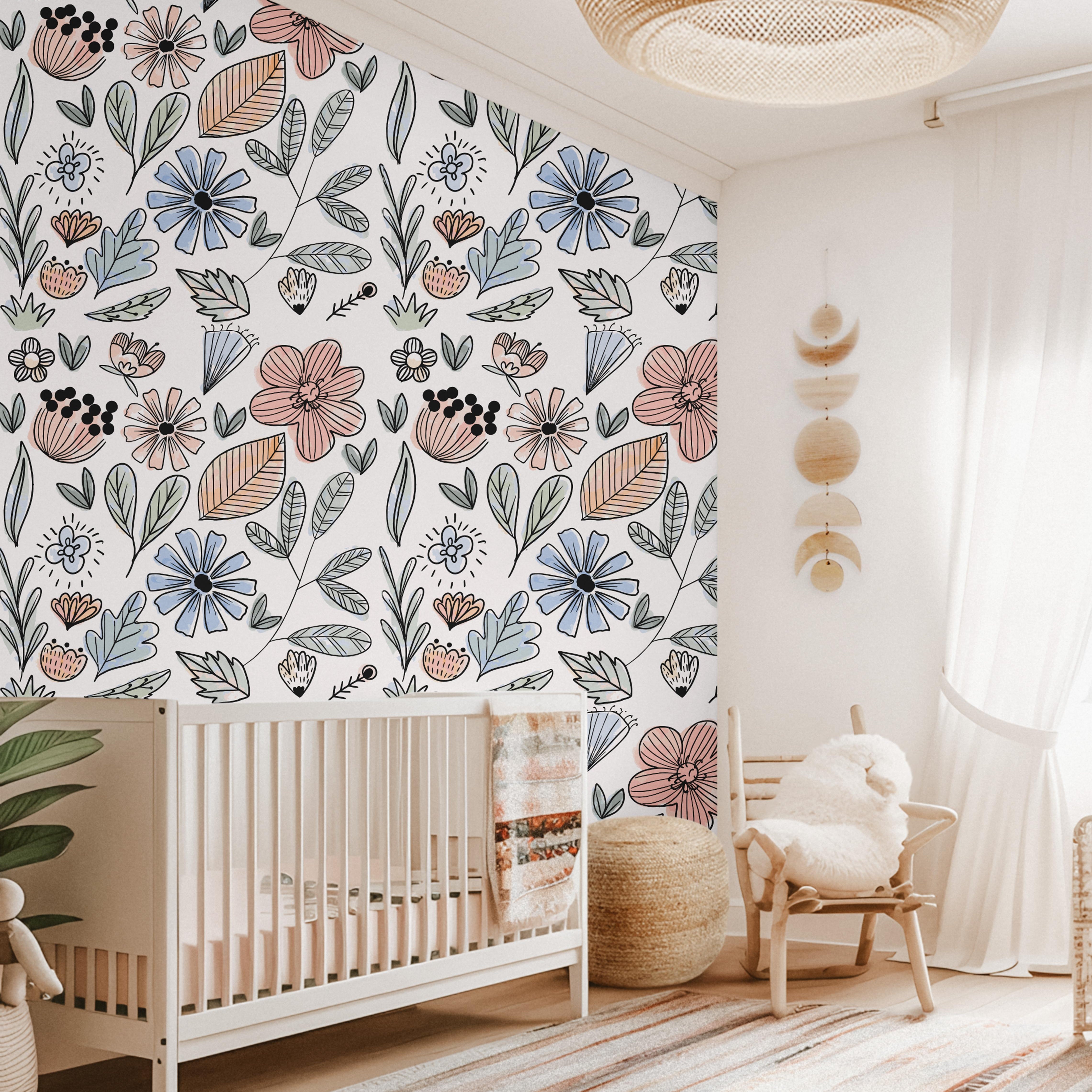 hand drawn floral wallpaper nursery 498e
