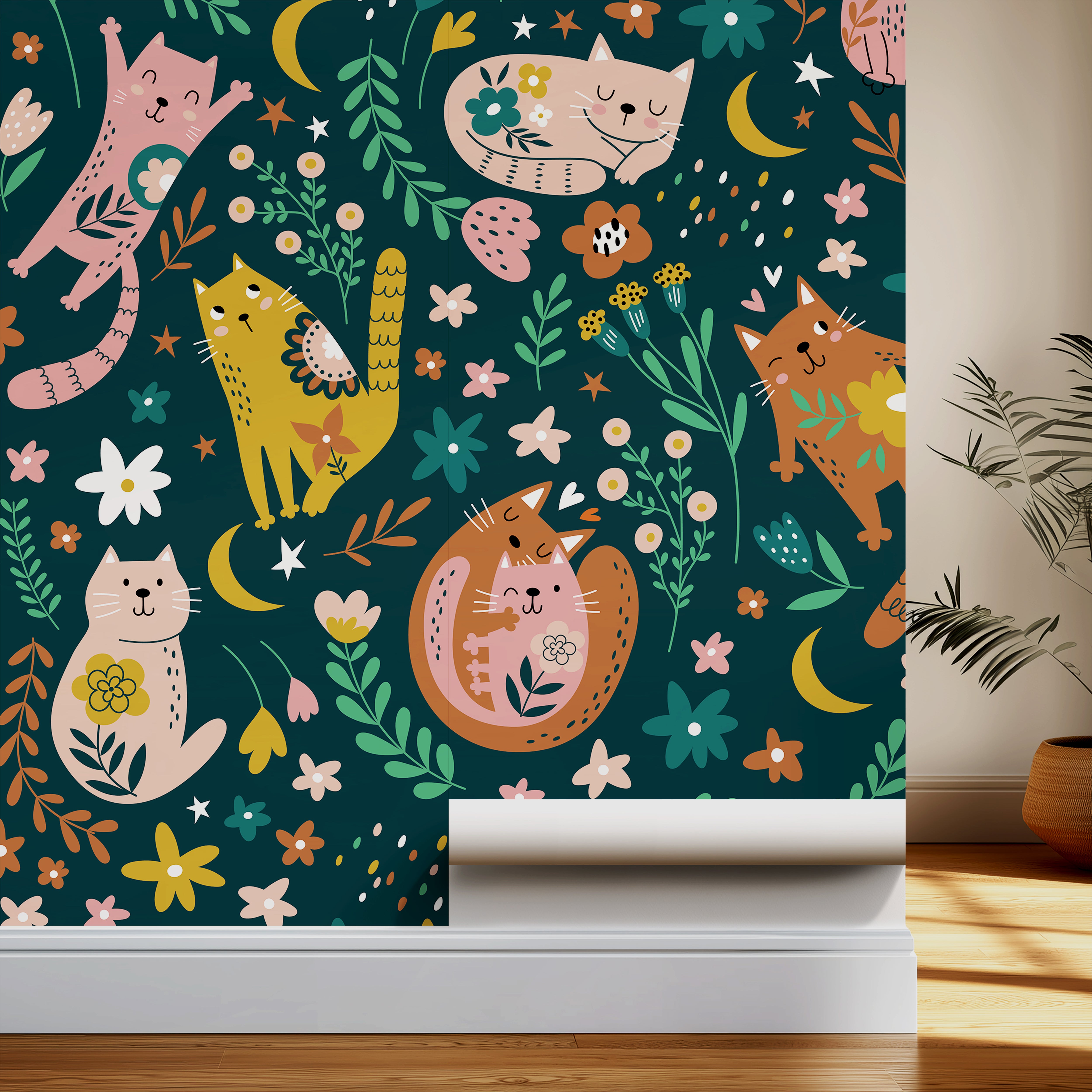 instillation of whiskers and wildflowers wallpaper with cats flowers moons stars and dark teal background