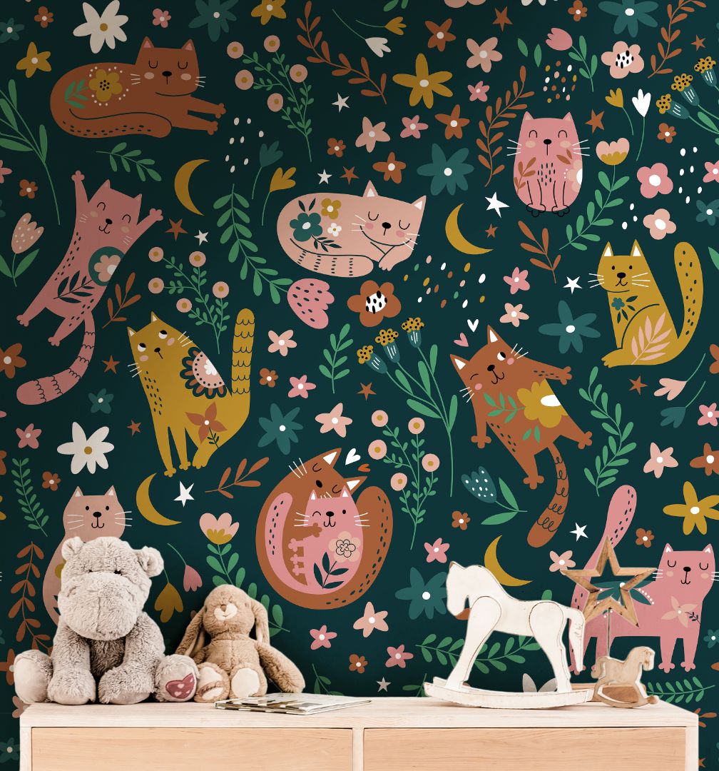 dark teal cat and flower wallpaper in reading nook with low bookshelf floor cushion lamp and childrens
books