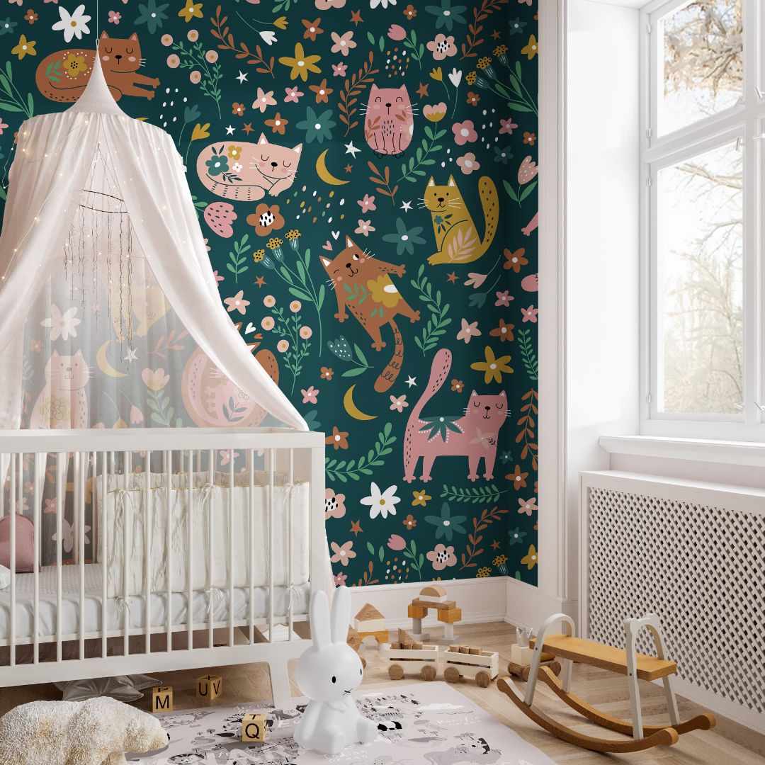 dark teal cat and wildflower wallpaper above nursery dresser with plush toys rocking horse and pastel
decor