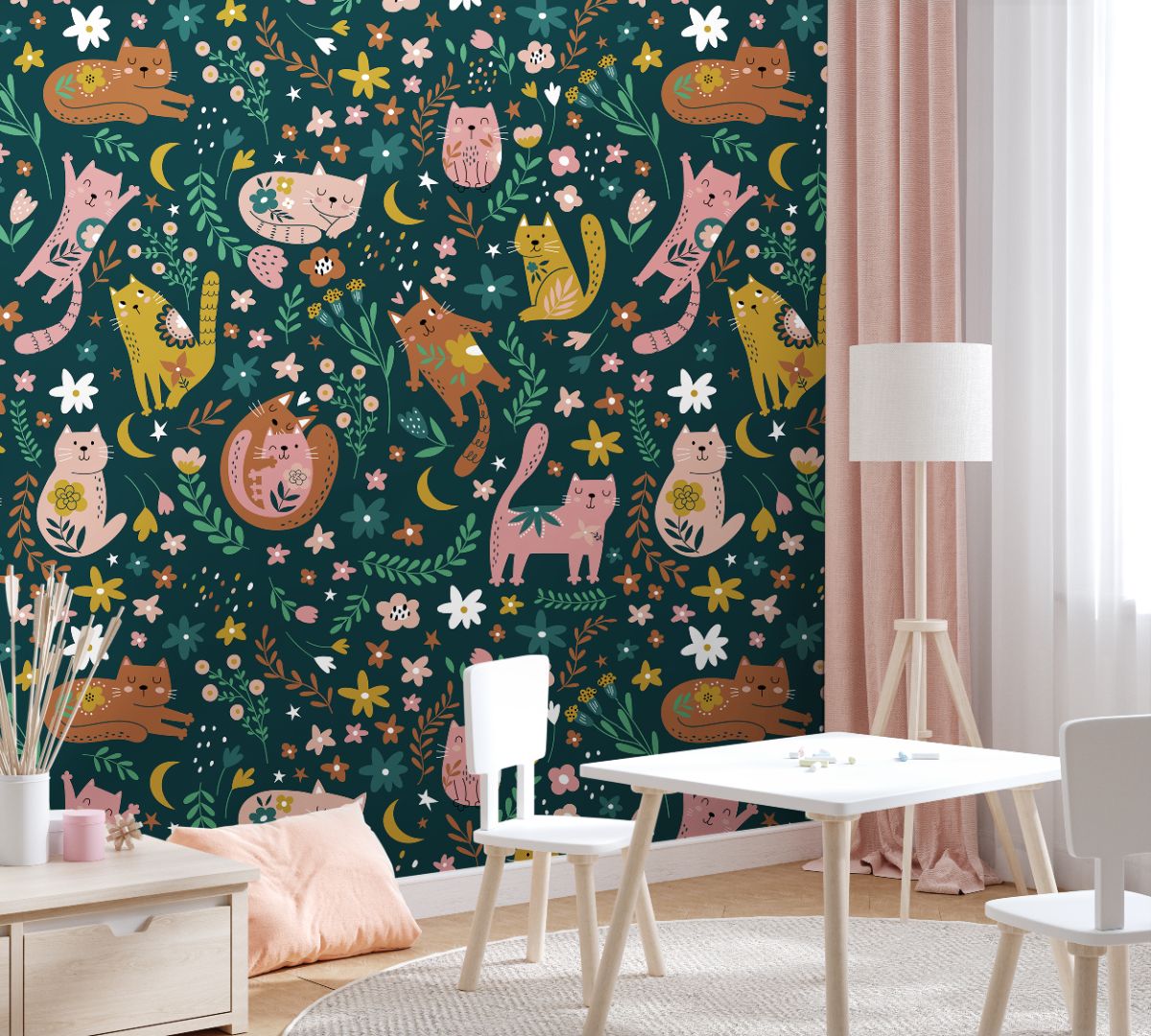 dark teal cat floral wallpaper in kids bedroom with pale wood bed cream bedding mustard pillow and
woven basket