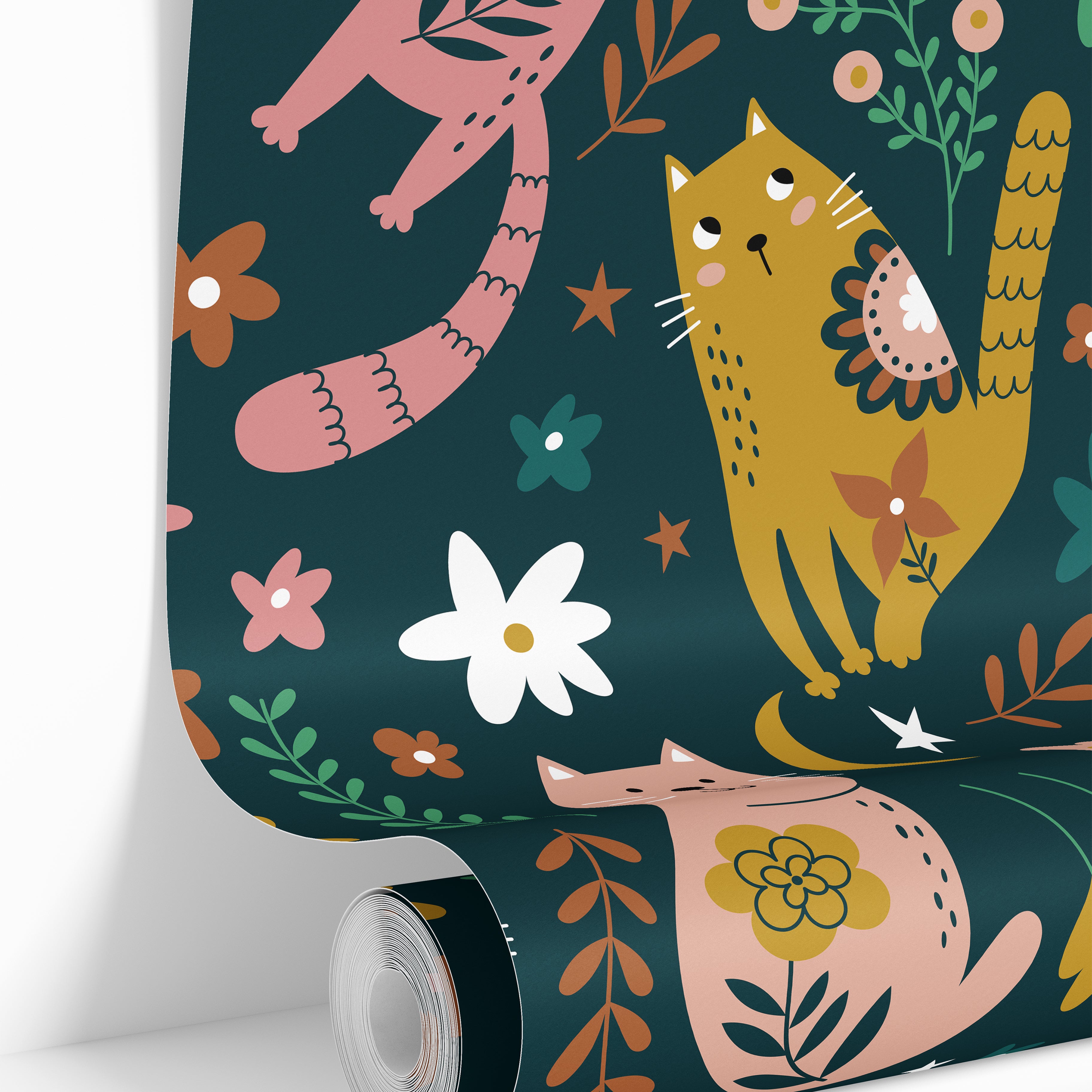 roll of whiskers and wildflowers wallpaper with cats flowers moons stars and dark teal background