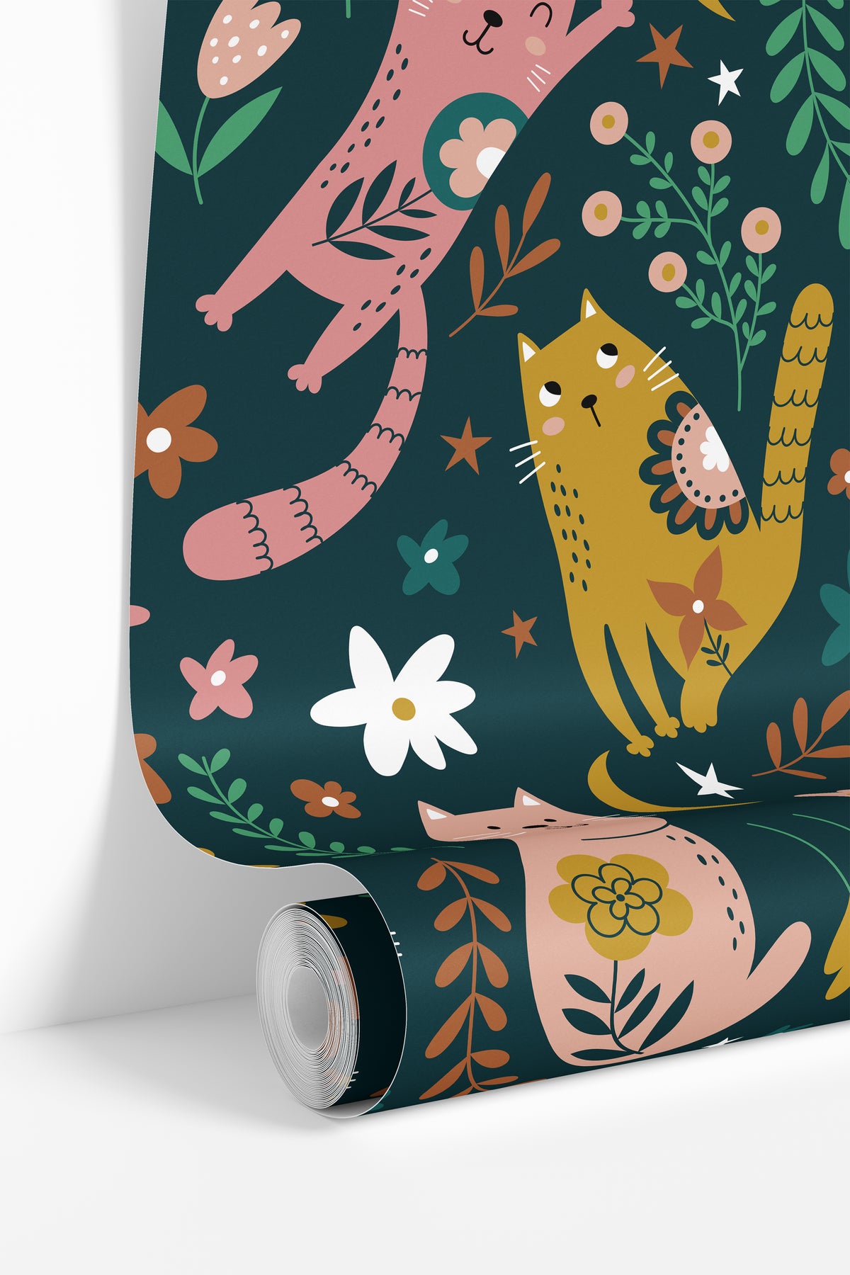 roll of whiskers and wildflowers wallpaper with cats flowers moons stars and dark teal background