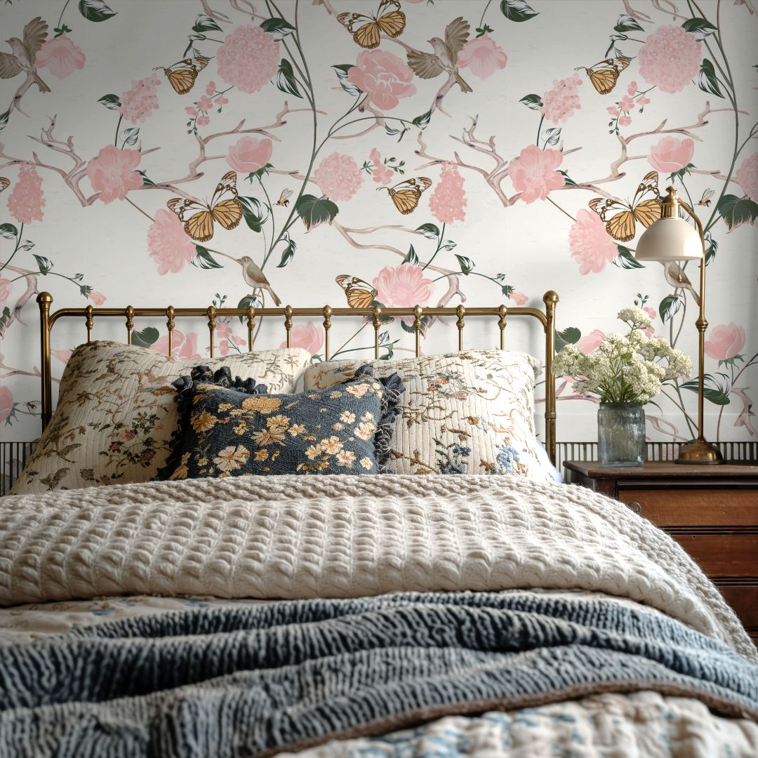 bedroom wall in blush floral garden wallpaper with butterflies, brass bed, cozy linens