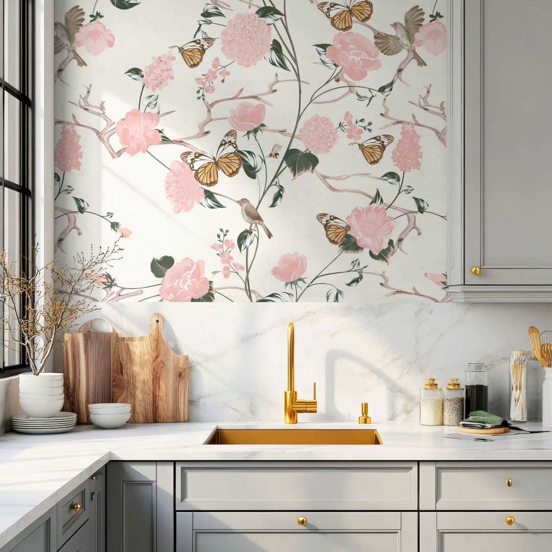 kitchen with blush floral wallpaper featuring butterflies and songbirds on ivory background