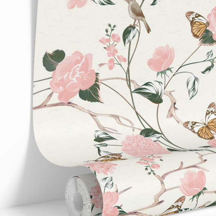 roll of blush floral and butterfly wallpaper on ivory, whispered garden 2136