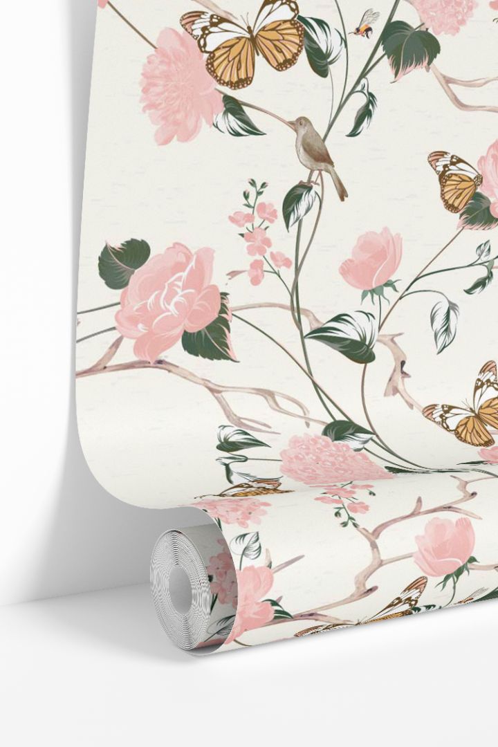 roll of blush floral and butterfly wallpaper on ivory, whispered garden 2136