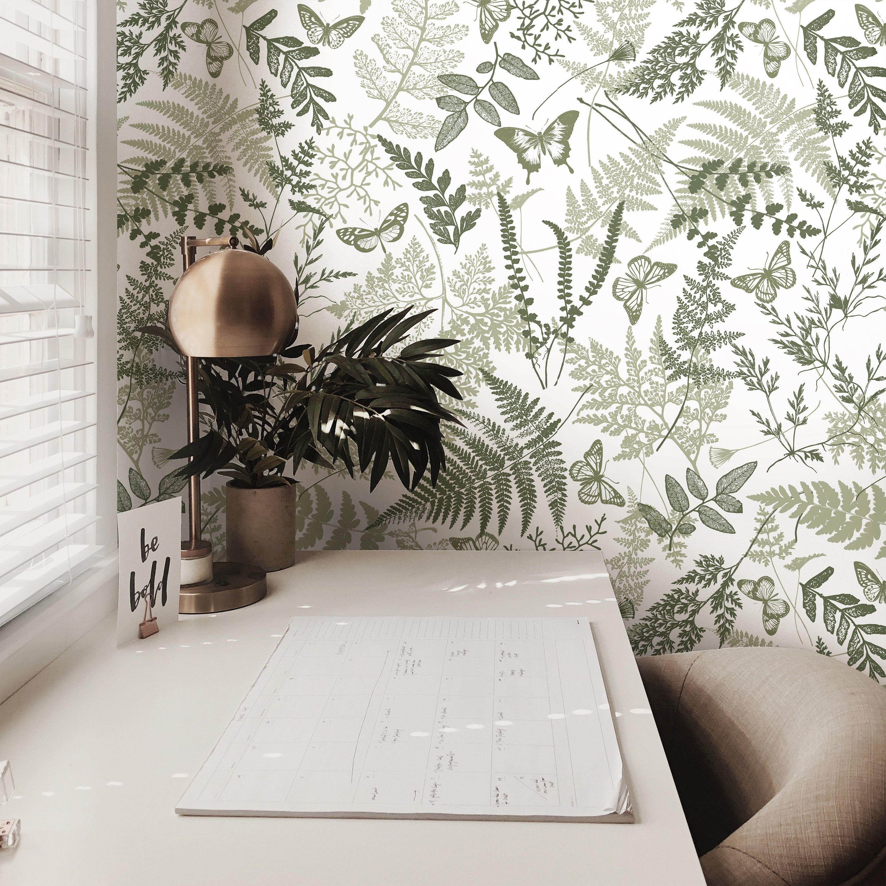 botanical wallpaper 3767 with green ferns and butterflies


