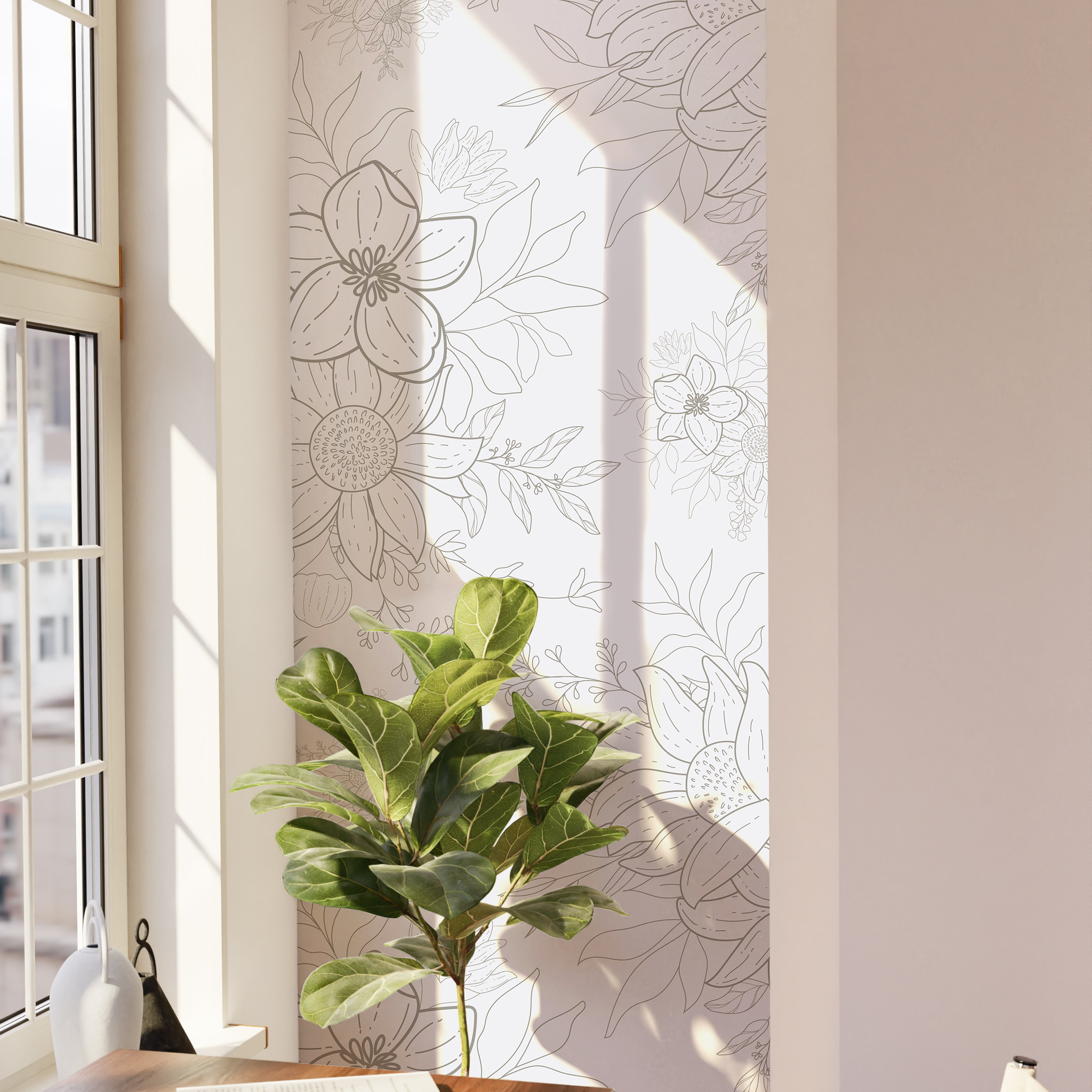 sunlit wall with barely blooming floral wallpaper 265