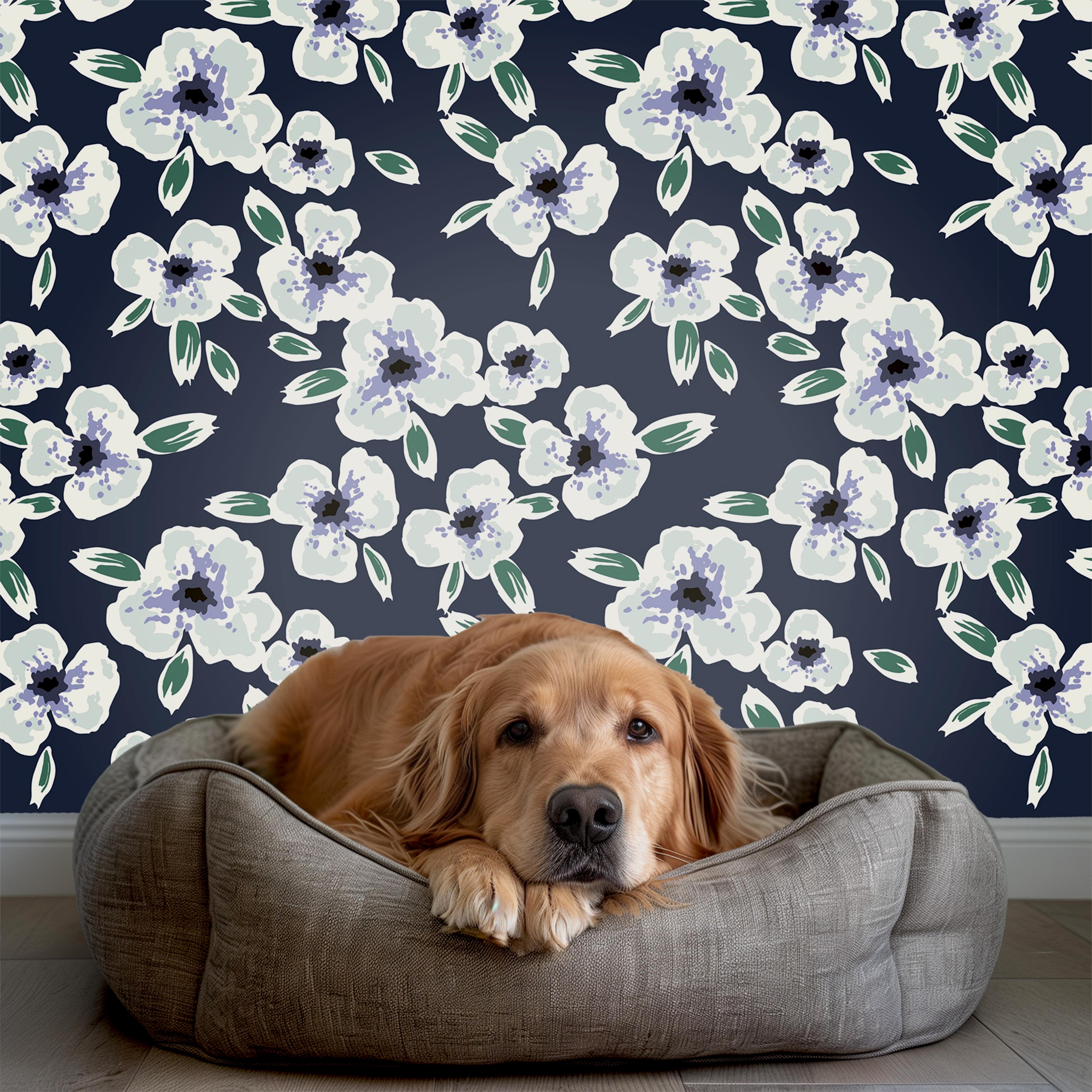 navy wallpaper 2039 with white florals and pet
