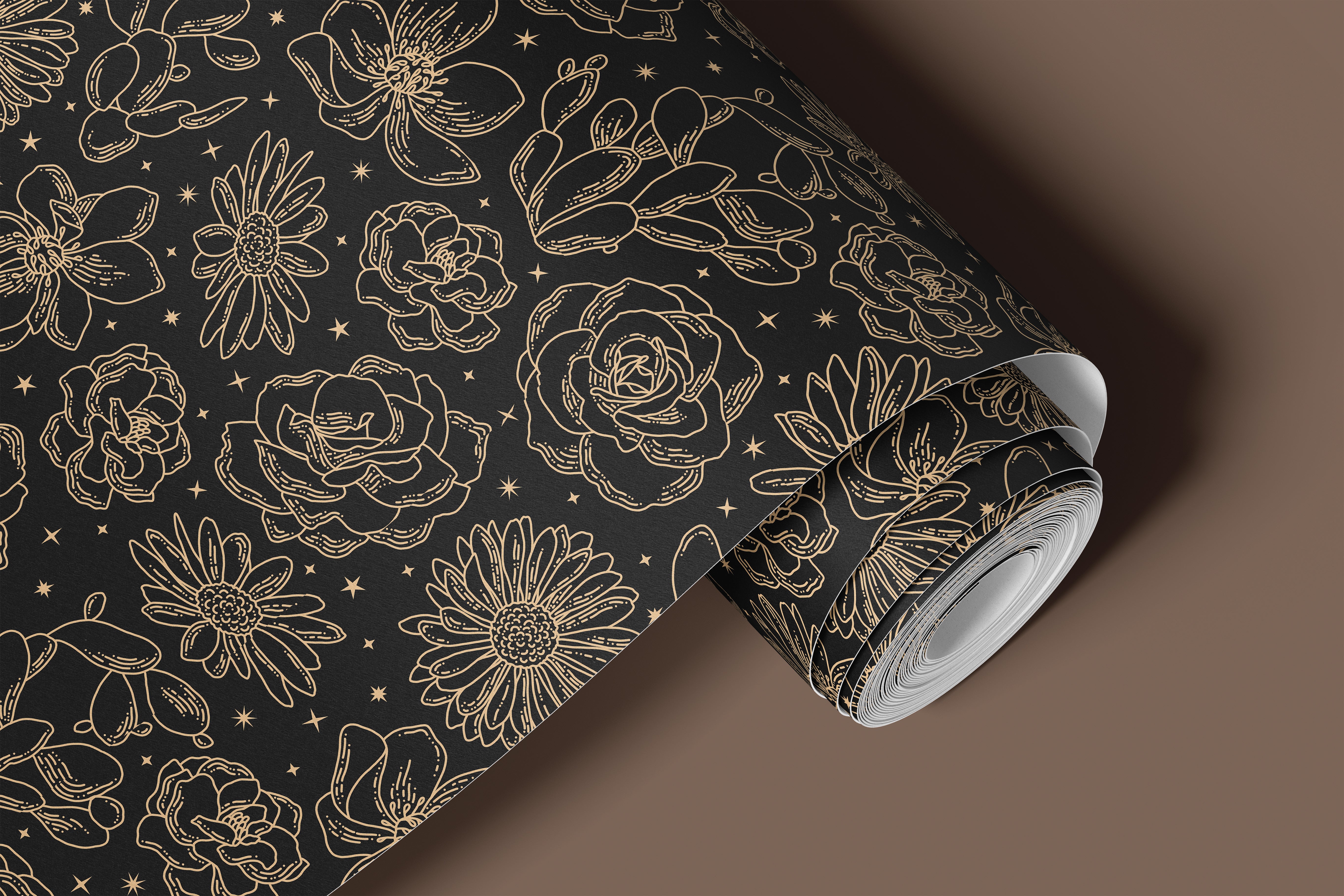 Dark botanical peel and stick contact paper featuring delicate floral linework and dramatic black tones.
