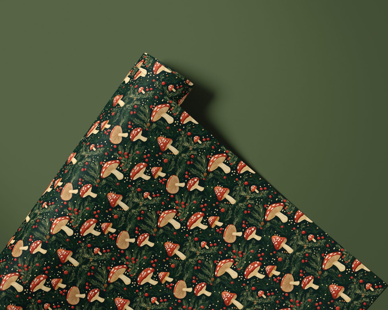 Wildermere Contact Paper roll showing mushrooms, pine branches, and red berries on forest green background