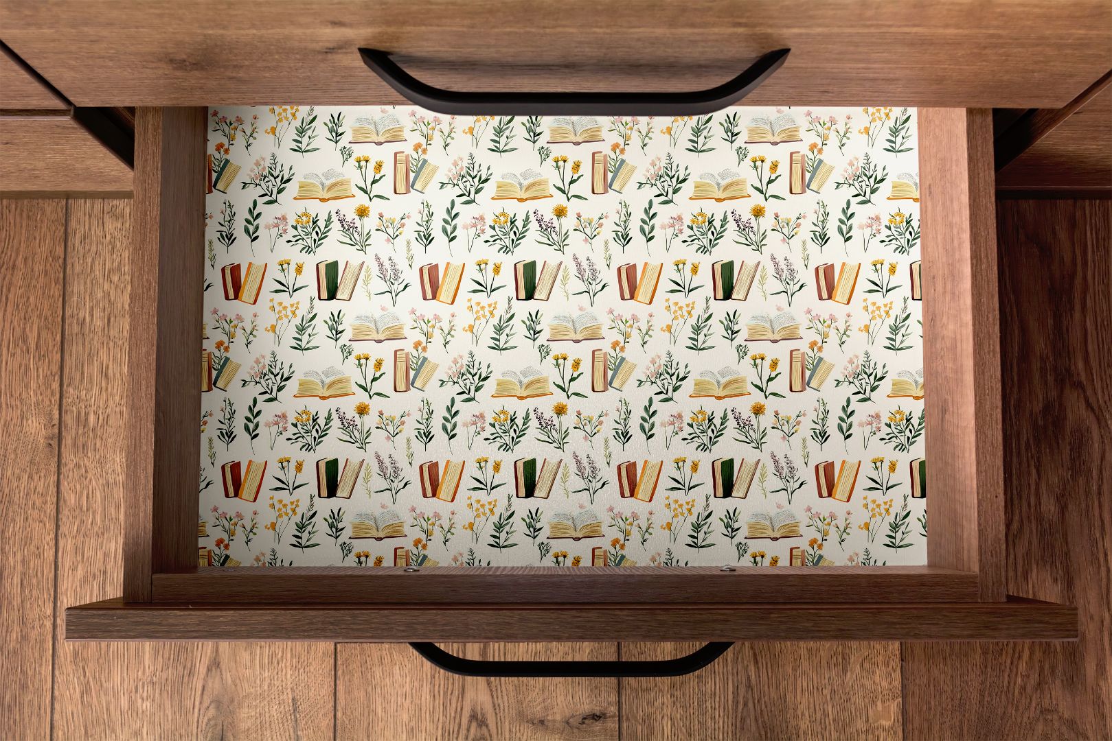 Wildflower Pages contact paper used as drawer liner with vintage floral and book design, available in matte or textured finish – James & Colors.