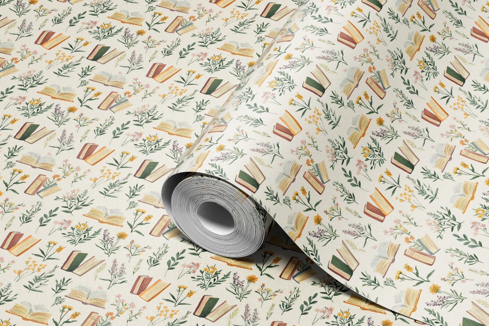 Wildflower Pages contact paper roll featuring open books and florals in soft natural hues, shown in matte finish – James & Colors.
