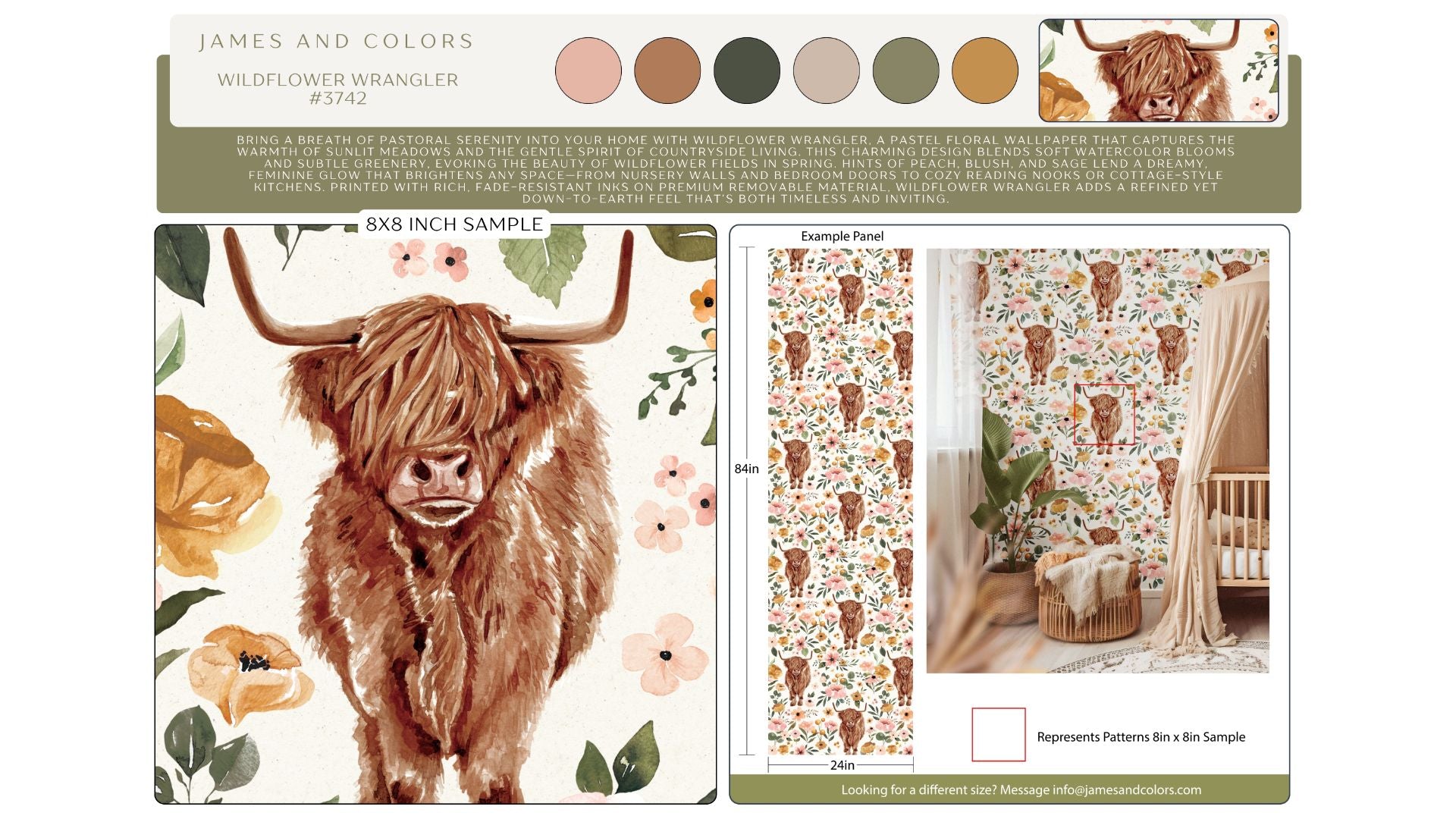 Wildflower Wrangler wallpaper sample sheet showing Highland cow and floral pattern in blush, peach, mustard, and sage tones with nursery room display and color palette, pattern 3742.