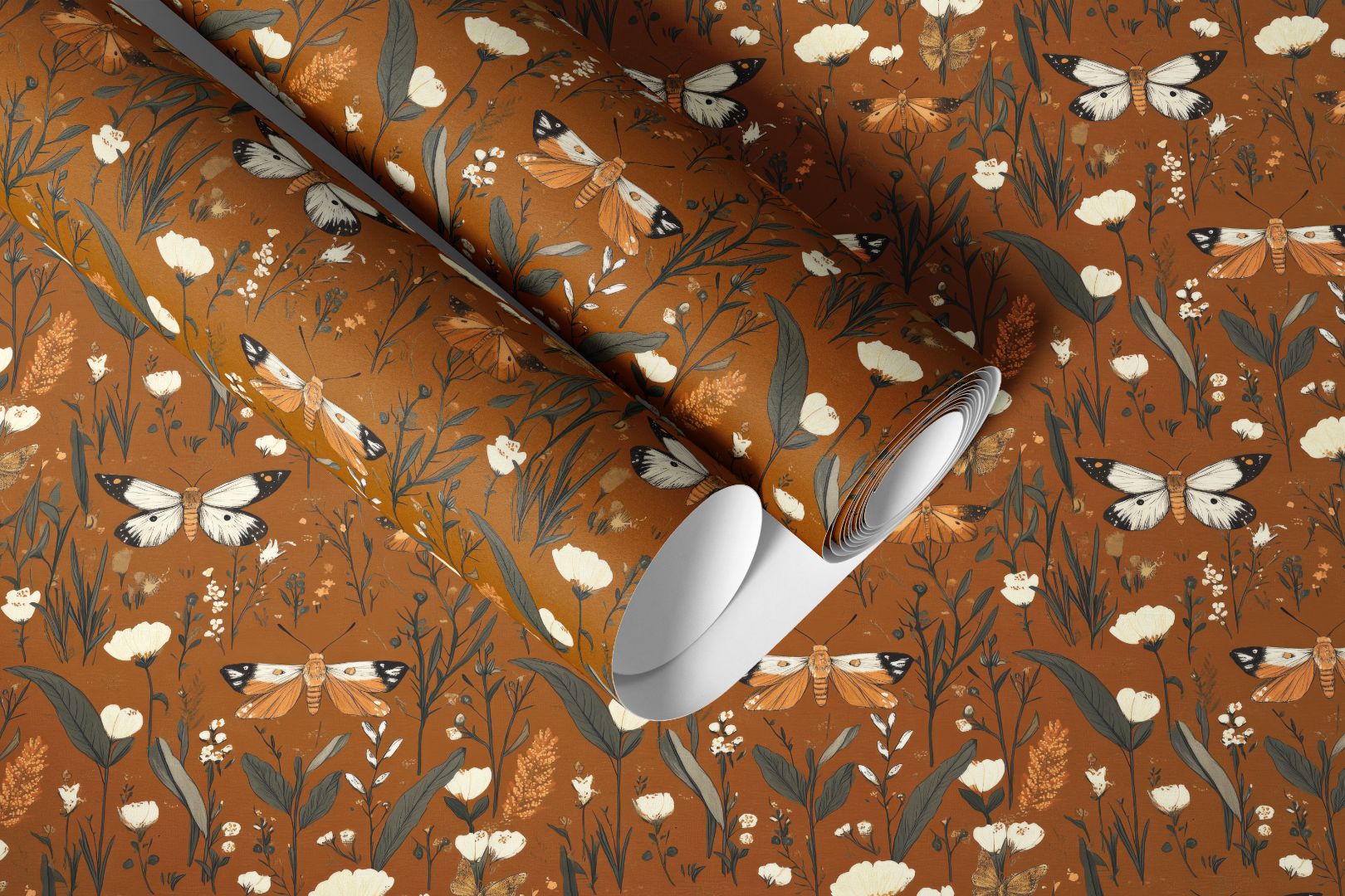 Wildwood Moth Peel and Stick Contact Paper with amber background, white blooms, and moth details