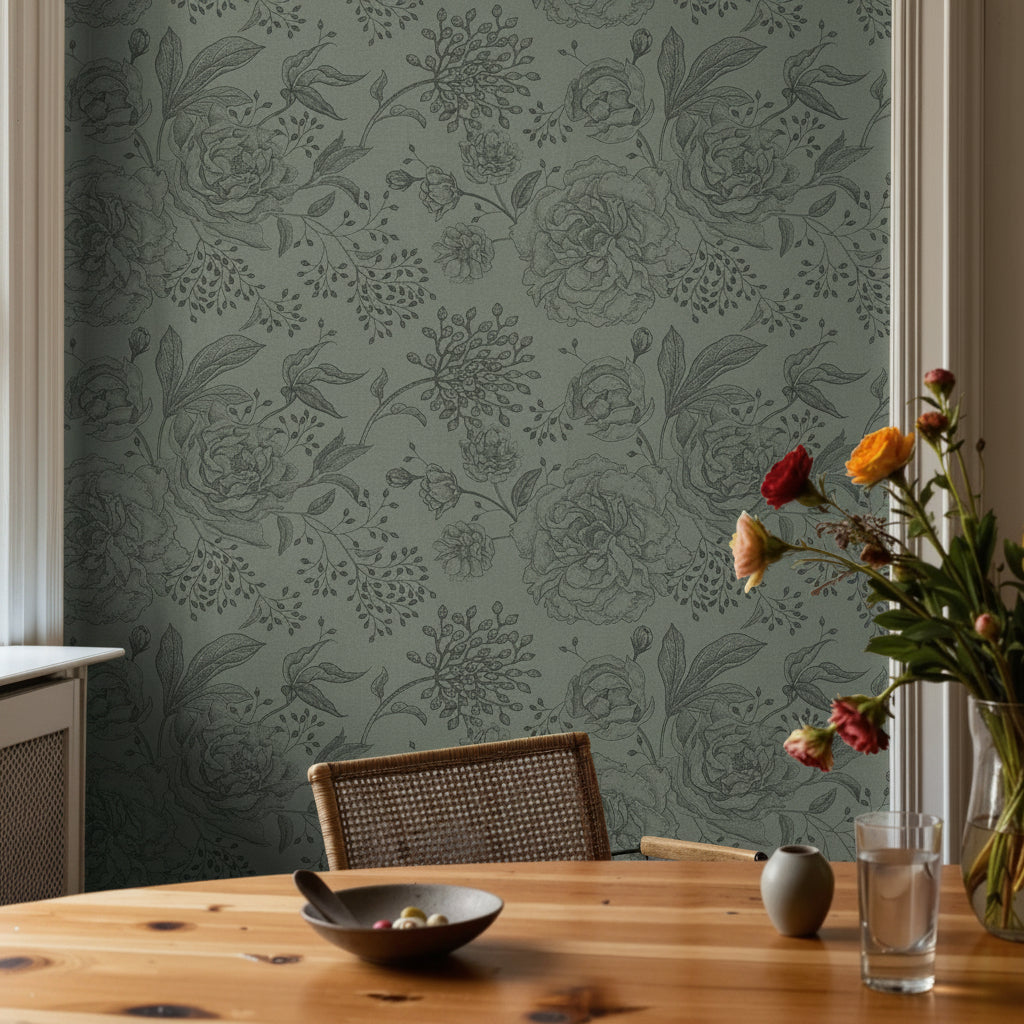 dark botanical wallpaper in dining room with wood furniture and warm lighting