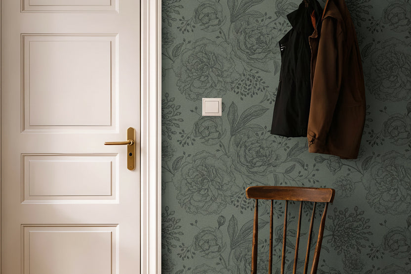 moody green floral wallpaper with vintage botanical pattern in entryway with wood accents