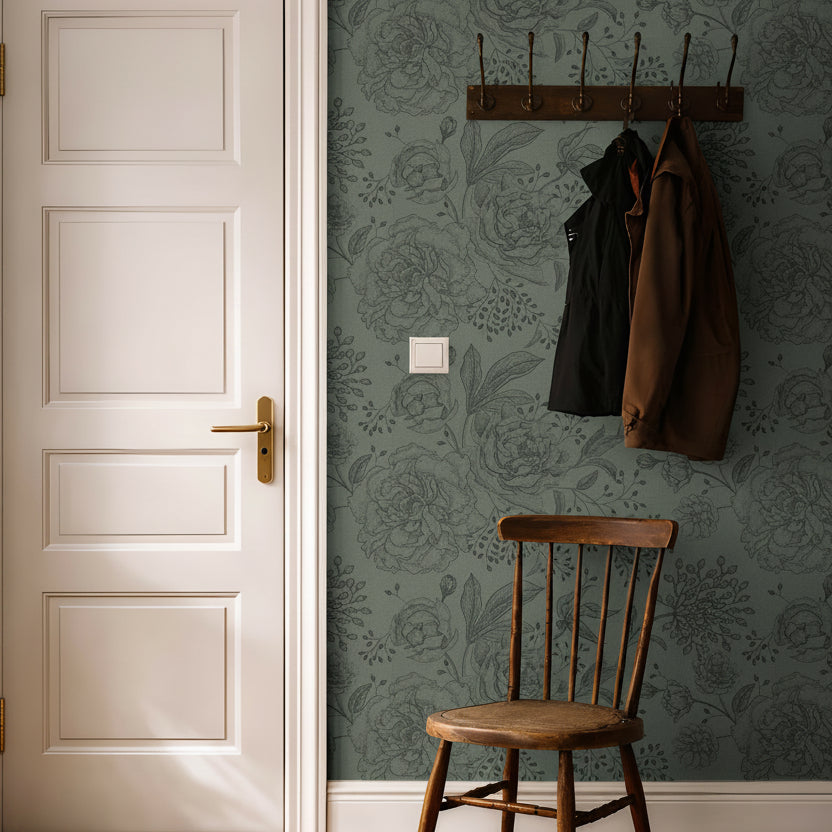 moody green floral wallpaper with vintage botanical pattern in entryway with wood accents