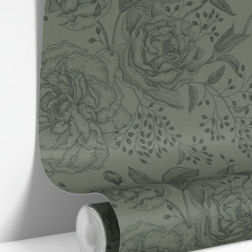 wallpaper roll showing dark green vintage botanical floral pattern detail