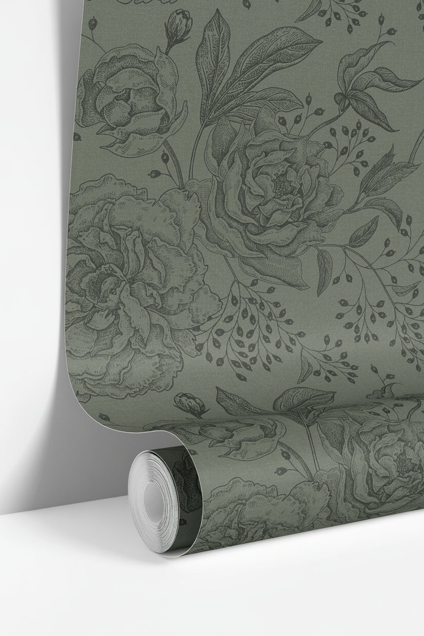 wallpaper roll showing dark green vintage botanical floral pattern detail