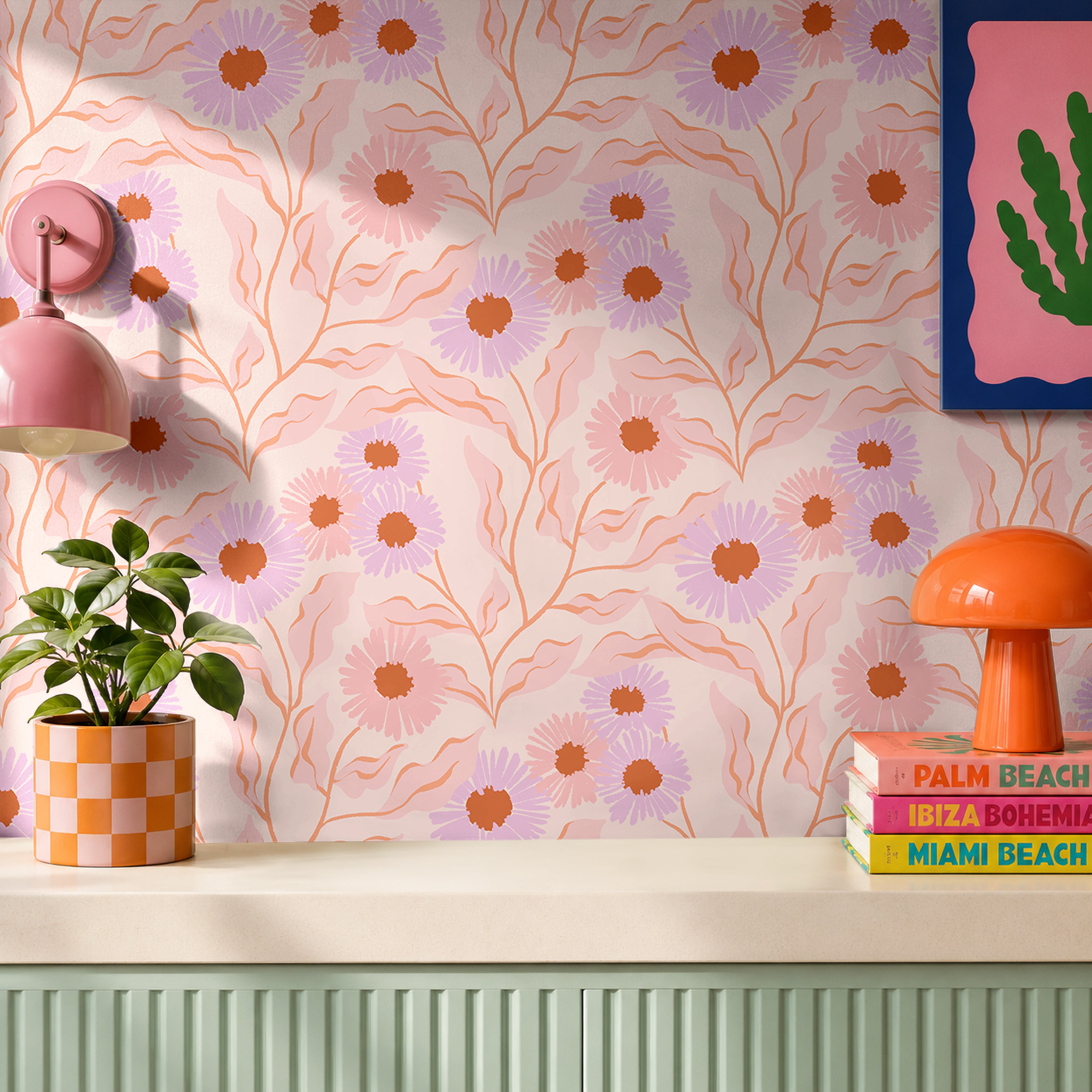 modern cottage floral wallpaper in bathroom with blush and lavender flowers