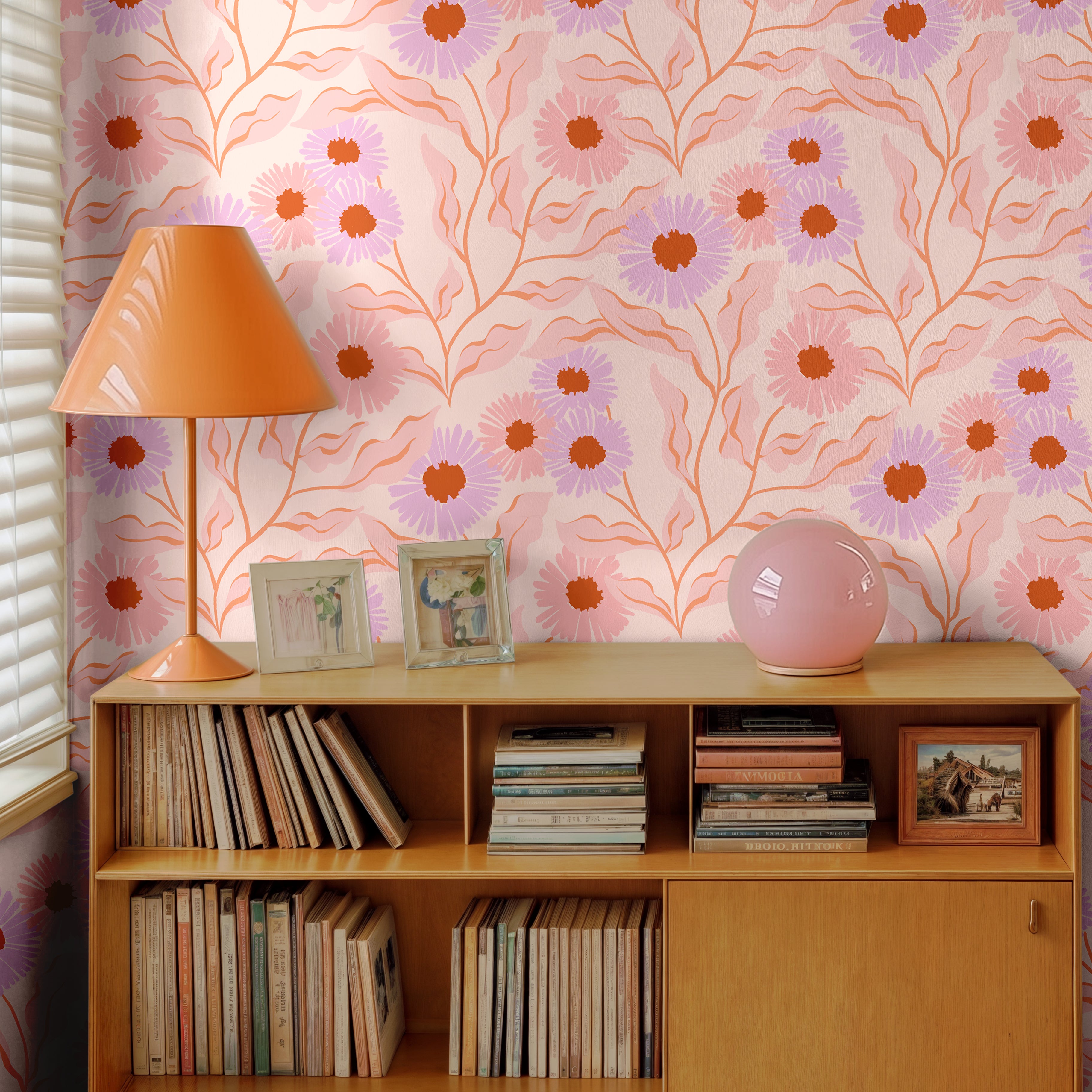 yonder and bloom wallpaper in blush pink home office with soft floral pattern