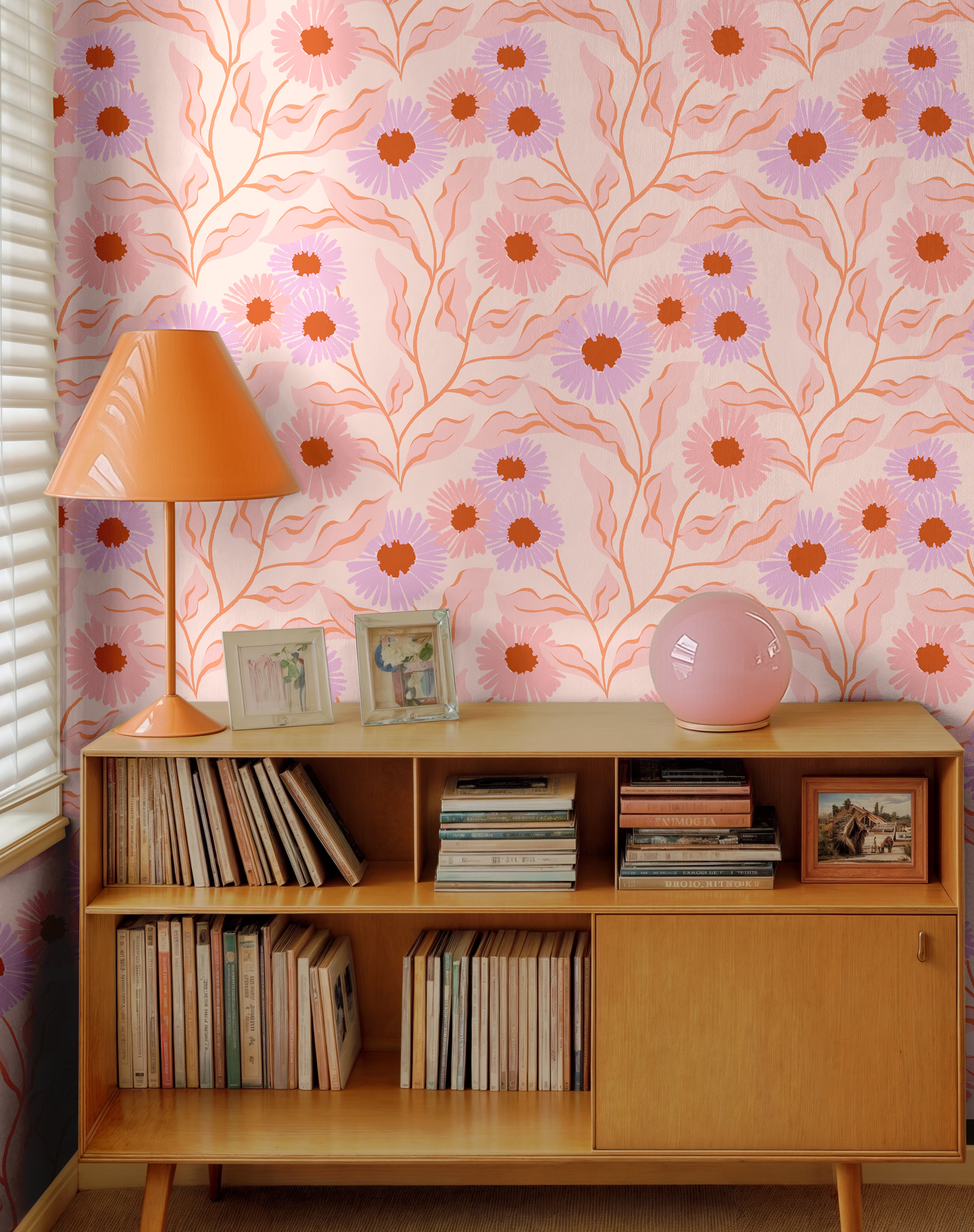 yonder and bloom wallpaper in blush pink home office with soft floral pattern