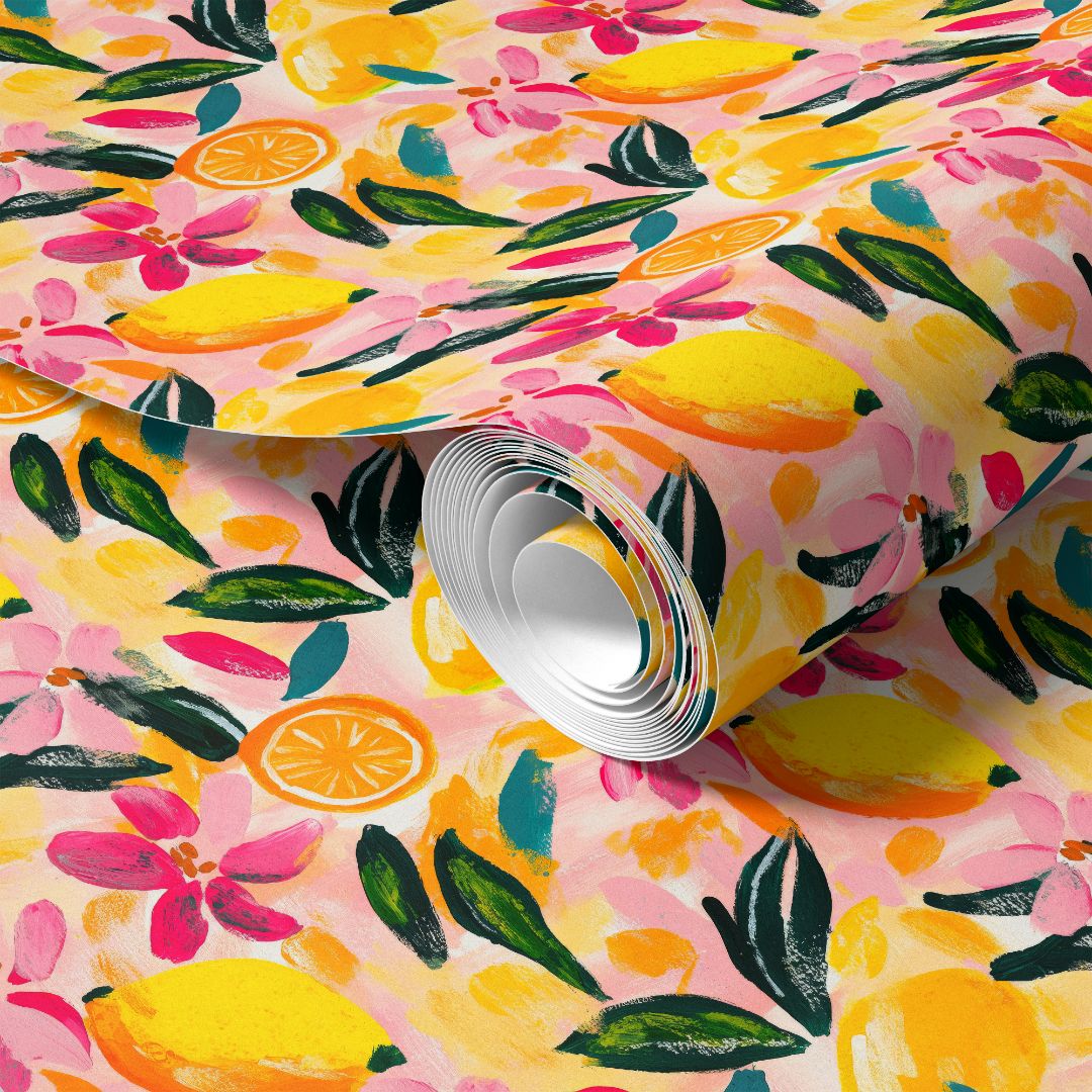 vibrant pink citrus and floral contact paper pattern with painterly fruit and soft botanical details