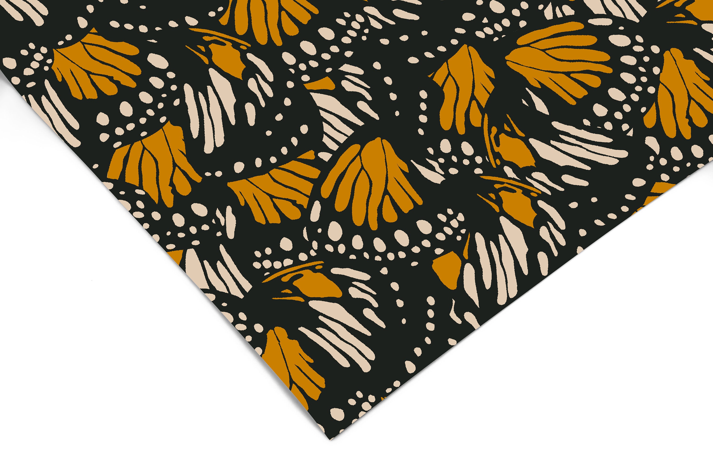 Contact paper 1401: A dramatic butterfly wing contact paper featuring bold hand-drawn monarch wings in mustard and cream tones on a deep black background, creating a moody and organic aesthetic.