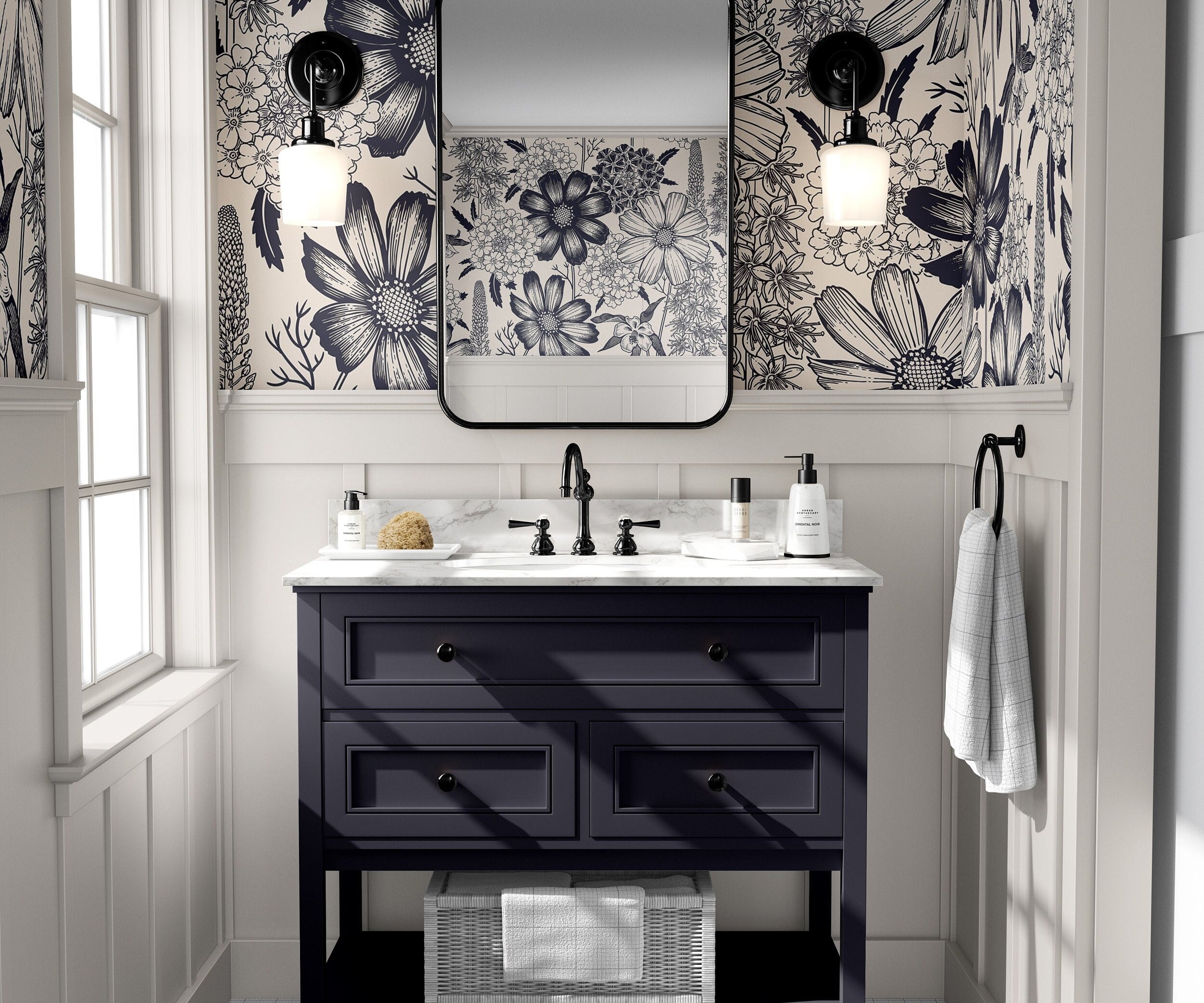 Wallpaper 466: A sophisticated bathroom with cream and navy botanical wallpaper featuring hand-drawn flowers, paired with classic navy cabinetry and elegant white wainscoting.