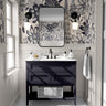 Wallpaper 466: A sophisticated bathroom with cream and navy botanical wallpaper featuring hand-drawn flowers, paired with classic navy cabinetry and elegant white wainscoting.