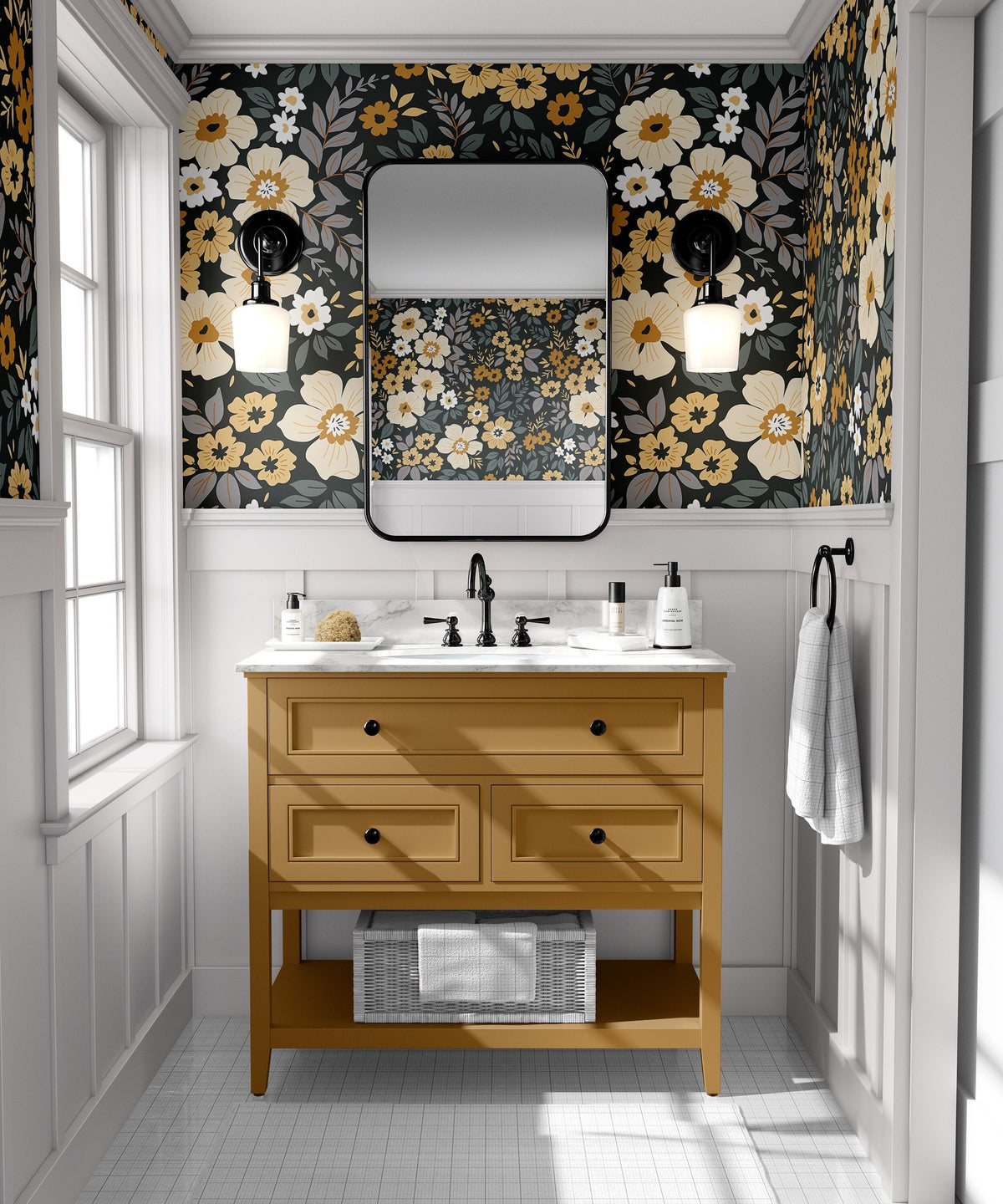 charcoal floral wallpaper in powder room with mustard vanity black framed mirror black sconces and white paneling