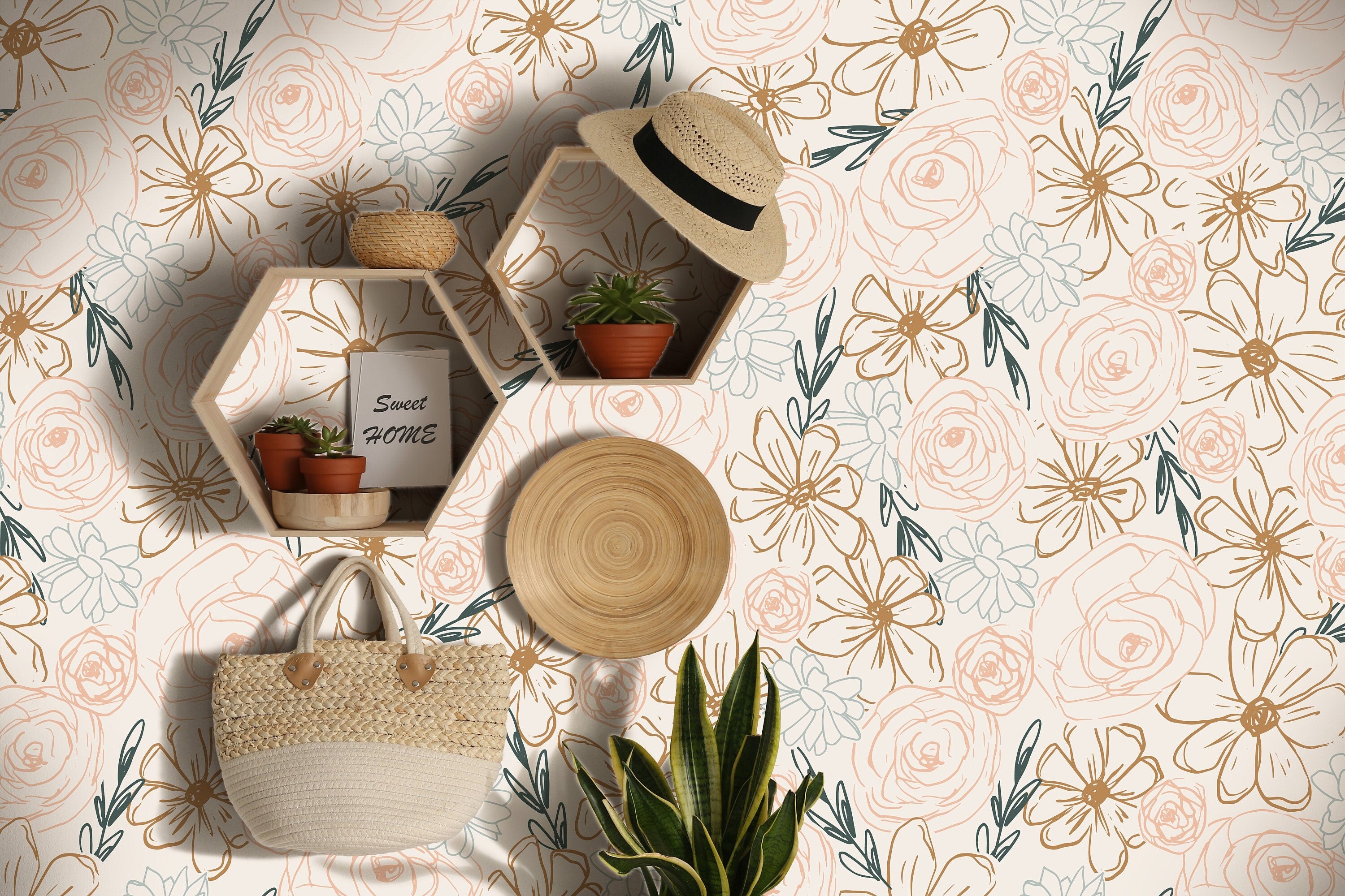 Soft pink floral wallpaper behind decorative shelf – Blush Bloom 157 by James and Colors